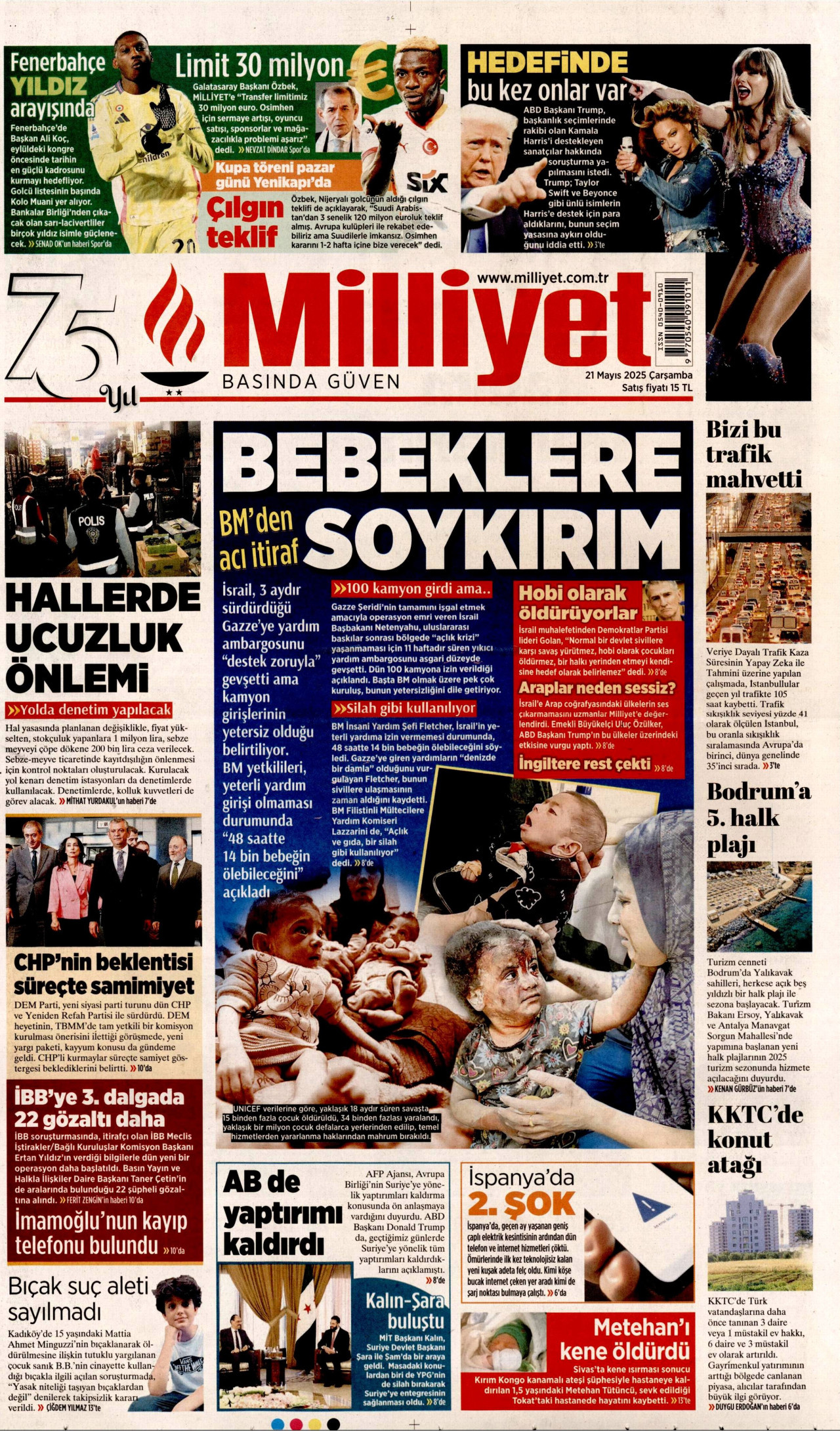 MİLLİYET gazetesinin 21 Mayıs 2025 tarihli birinci sayfası