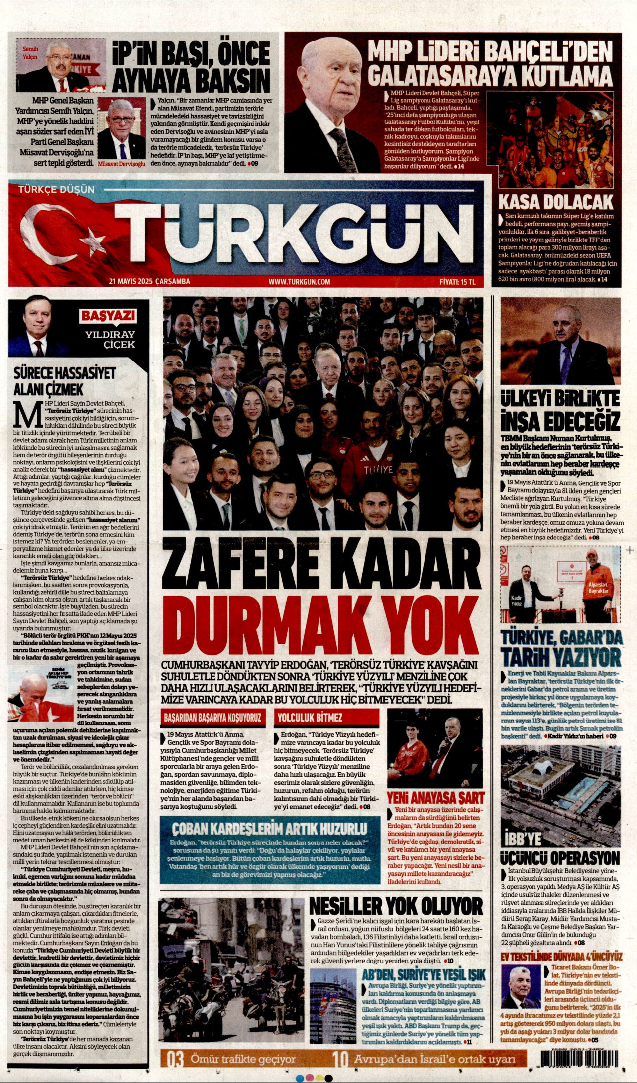 TÜRKGÜN gazetesinin 21 Mayıs 2025 tarihli birinci sayfası