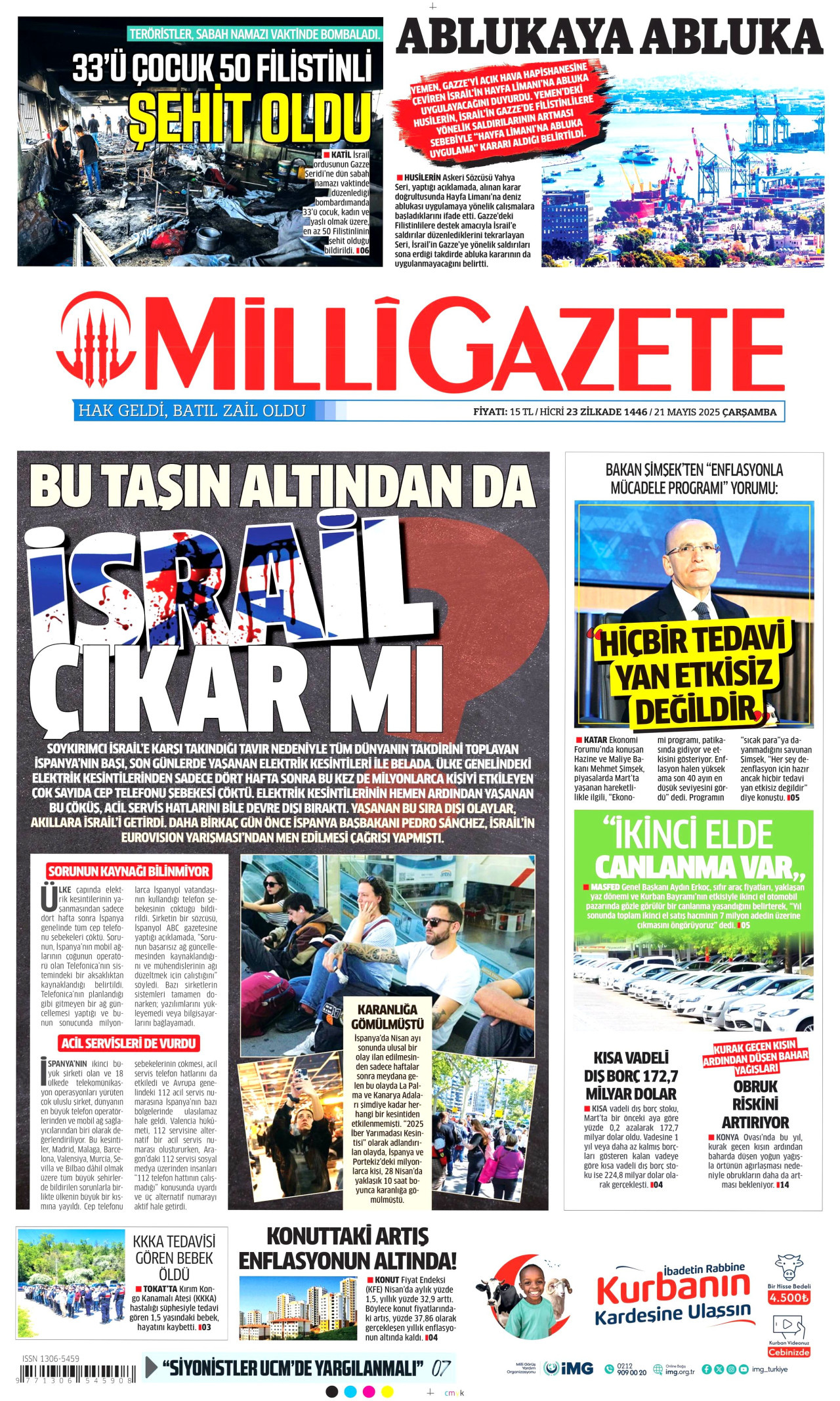 MİLLİ GAZETE gazetesinin 21 Mayıs 2025 tarihli birinci sayfası