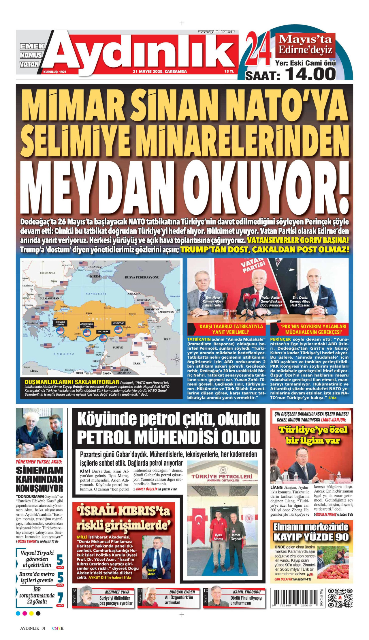 AYDINLIK GAZETESİ gazetesinin 21 Mayıs 2025 tarihli birinci sayfası