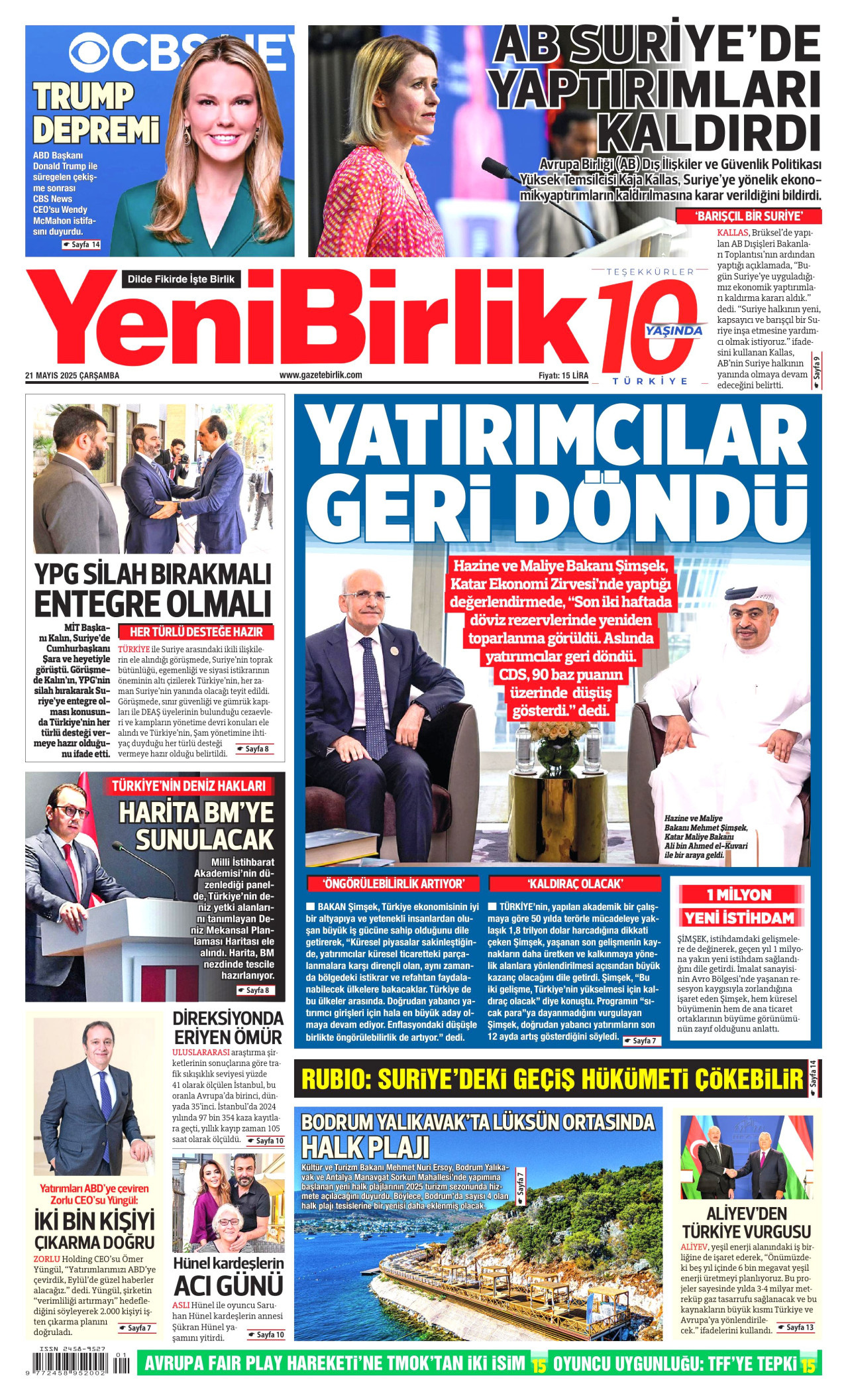 YENİBİRLİK gazetesinin 21 Mayıs 2025 tarihli birinci sayfası