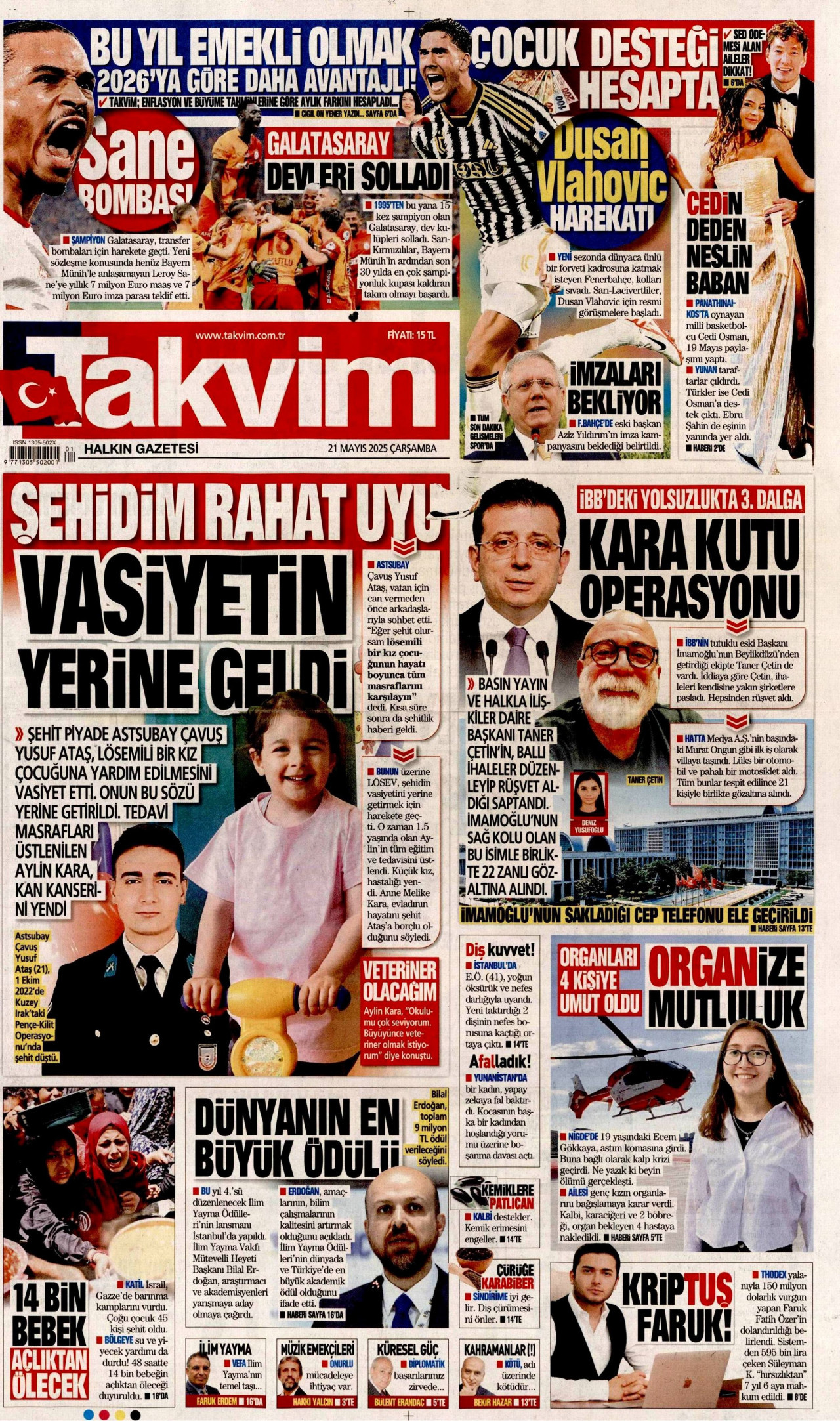 TAKVİM gazetesinin 21 Mayıs 2025 tarihli birinci sayfası