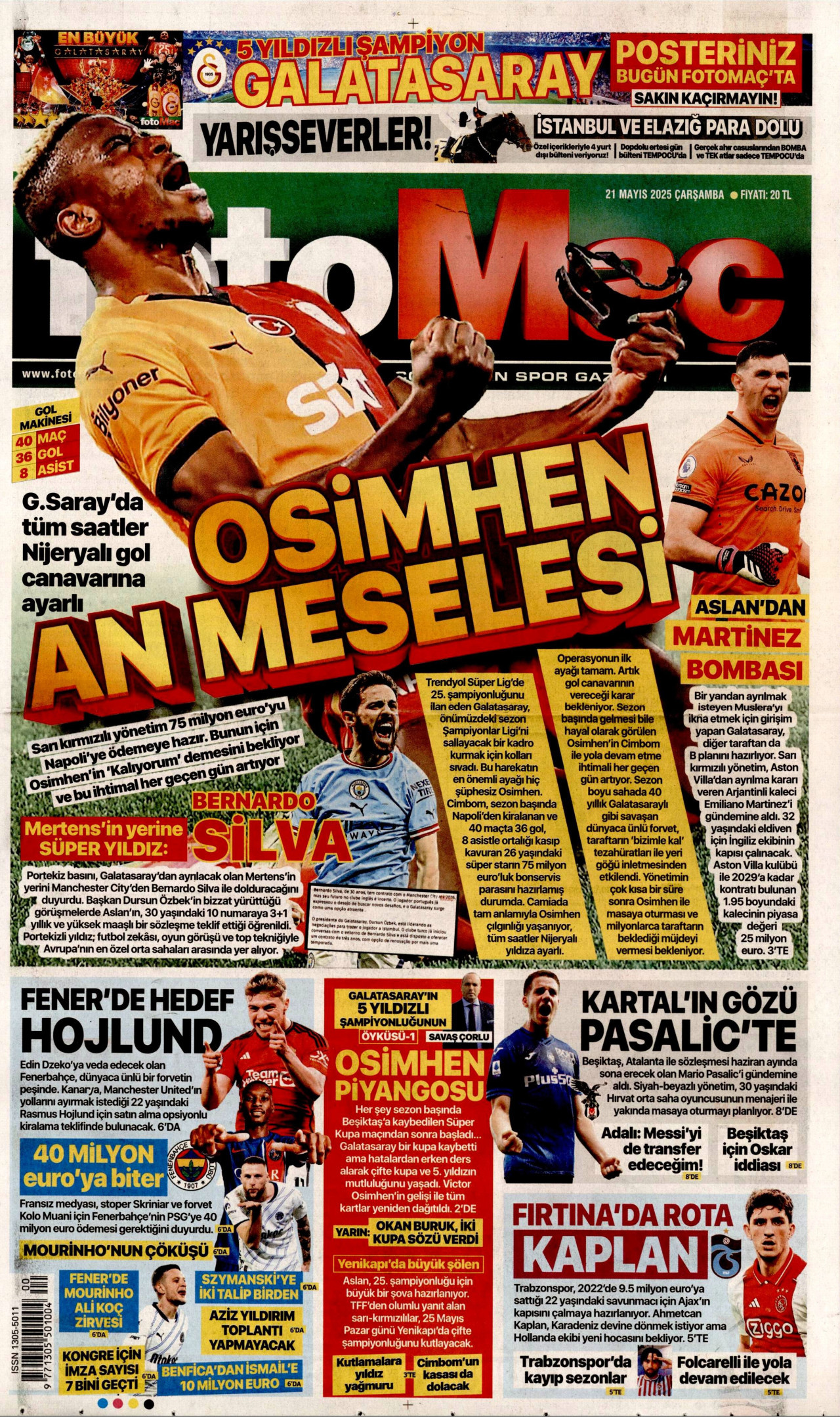FOTOMAÇ gazetesinin 21 Mayıs 2025 tarihli birinci sayfası