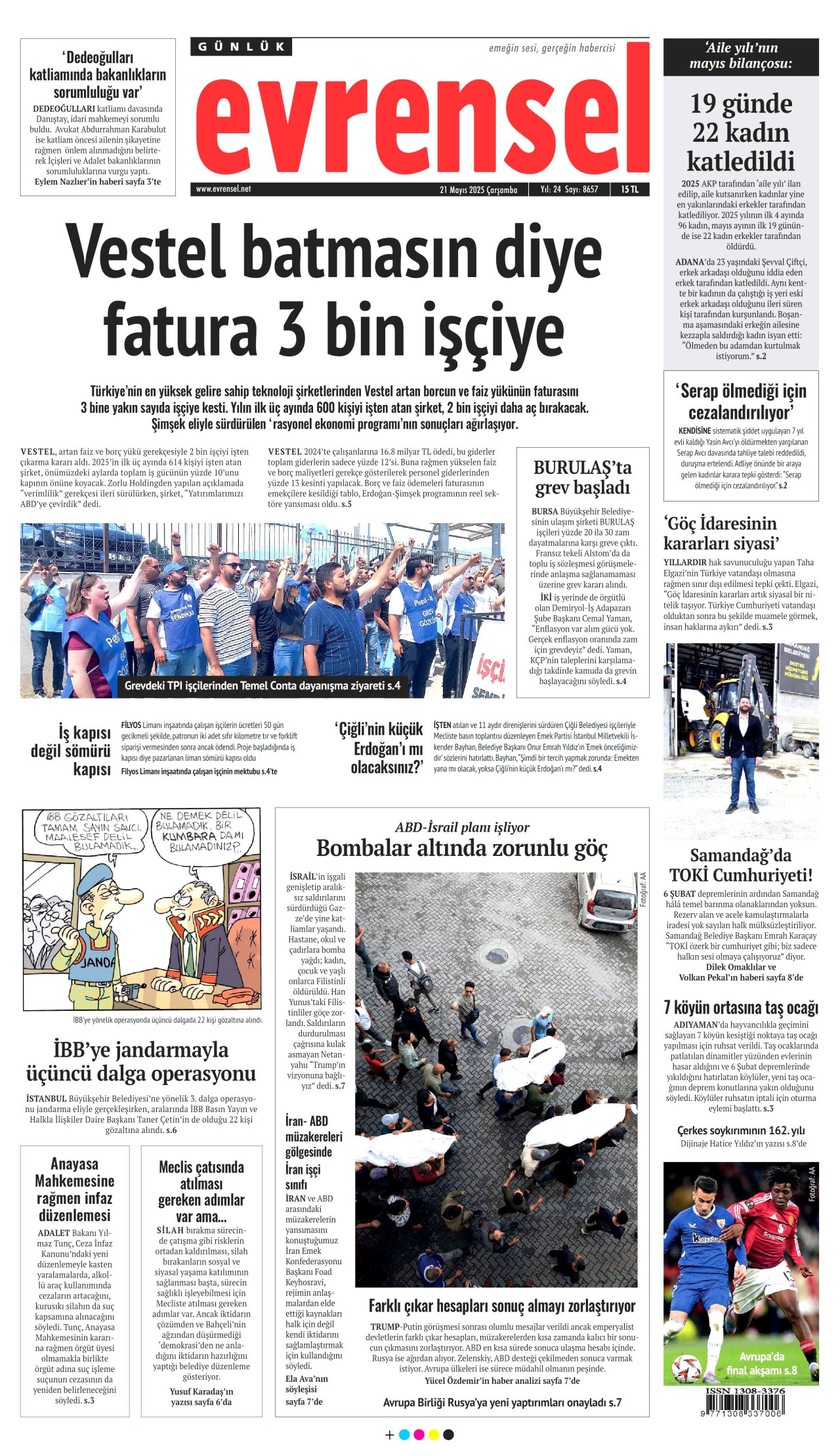 EVRENSEL gazetesinin 21 Mayıs 2025 tarihli birinci sayfası