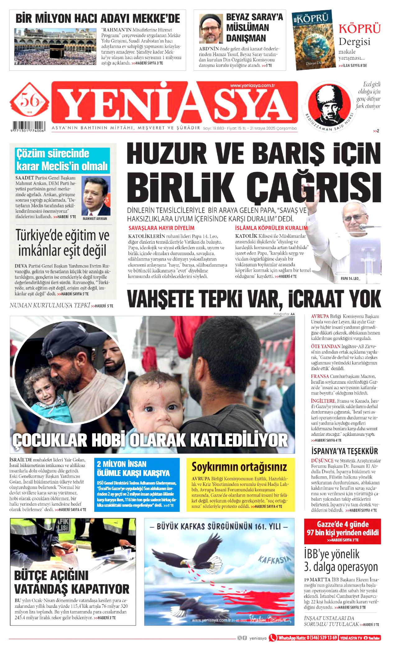 YENİ ASYA gazetesinin 21 Mayıs 2025 tarihli birinci sayfası