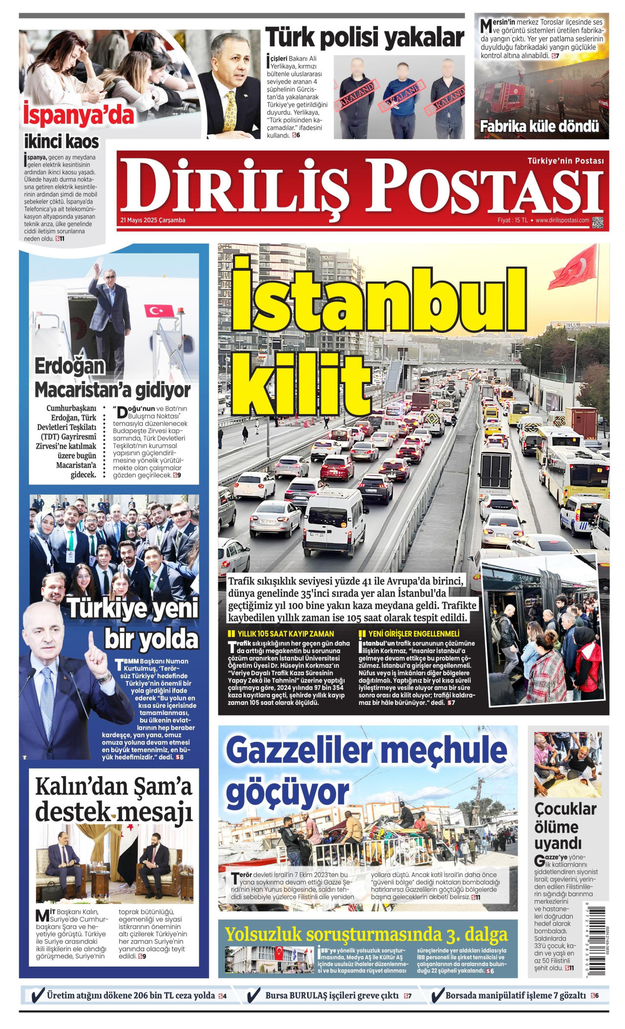 DİRİLİŞ POSTASI gazetesinin 21 Mayıs 2025 tarihli birinci sayfası