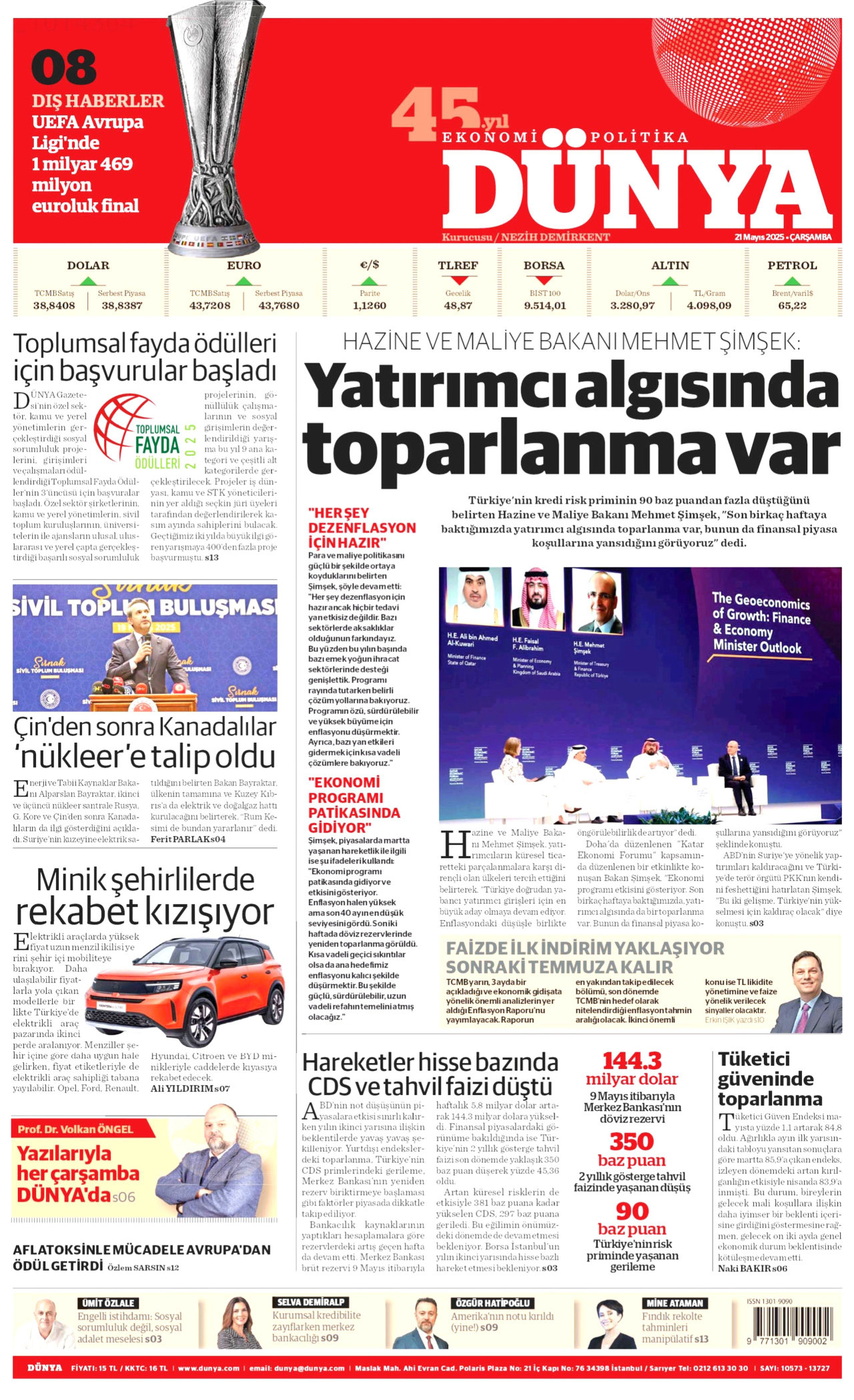DÜNYA gazetesinin 21 Mayıs 2025 tarihli birinci sayfası