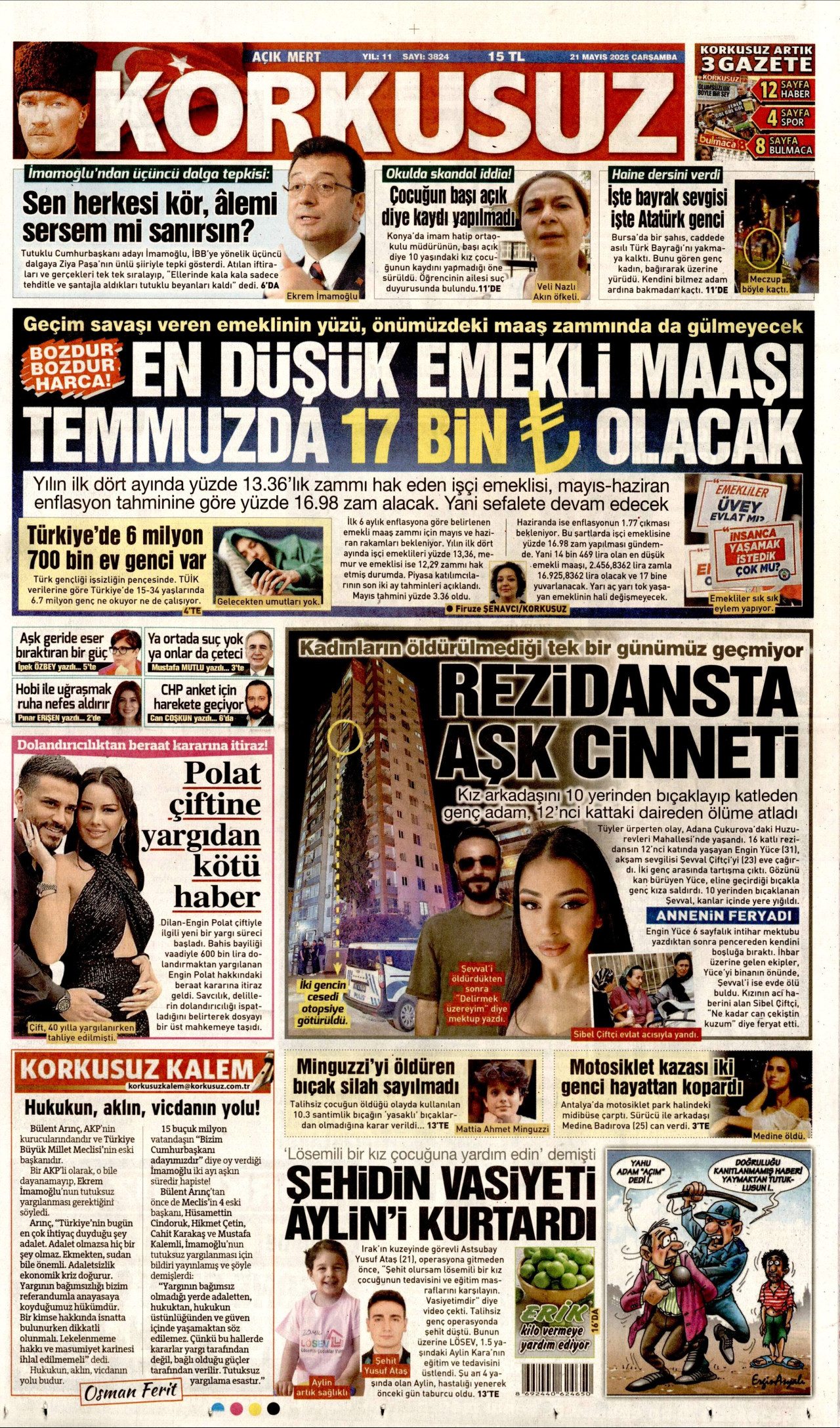 KORKUSUZ gazetesinin 21 Mayıs 2025 tarihli birinci sayfası