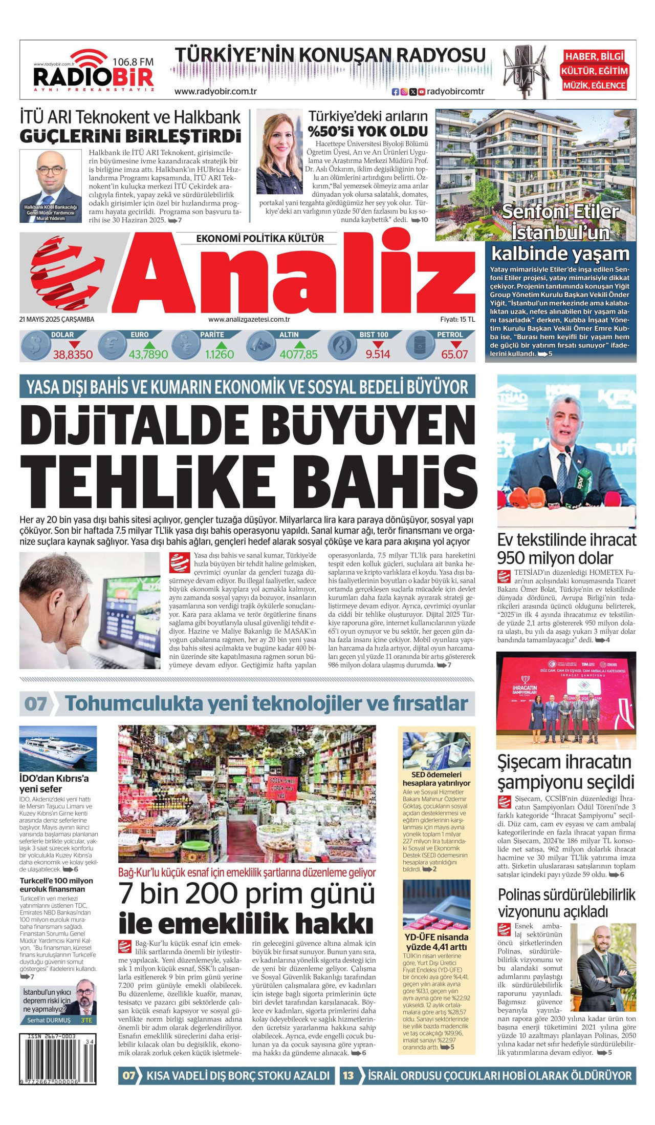 ANALİZ gazetesinin 21 Mayıs 2025 tarihli birinci sayfası