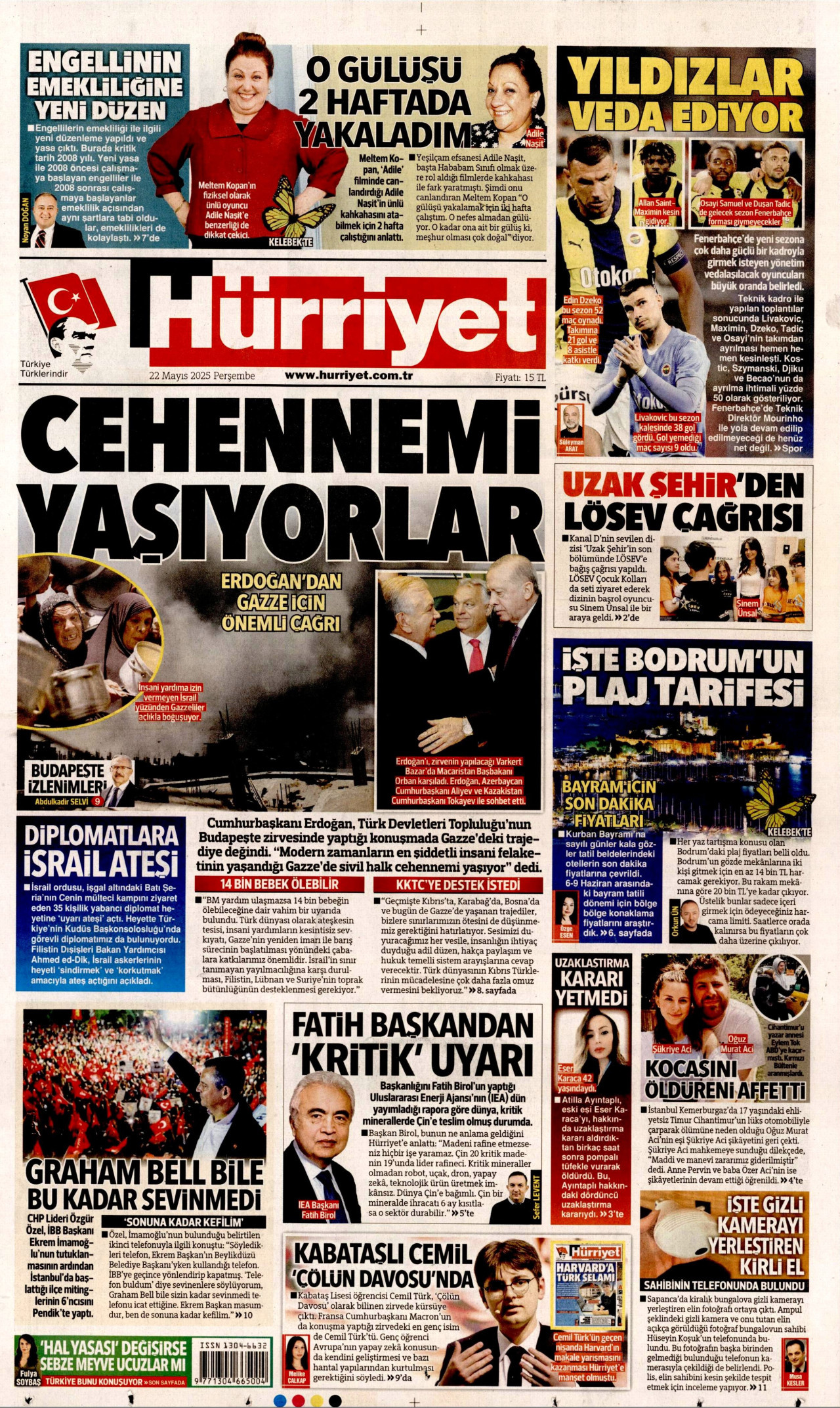 HÜRRİYET gazetesinin 22 Mayıs 2025 tarihli birinci sayfası