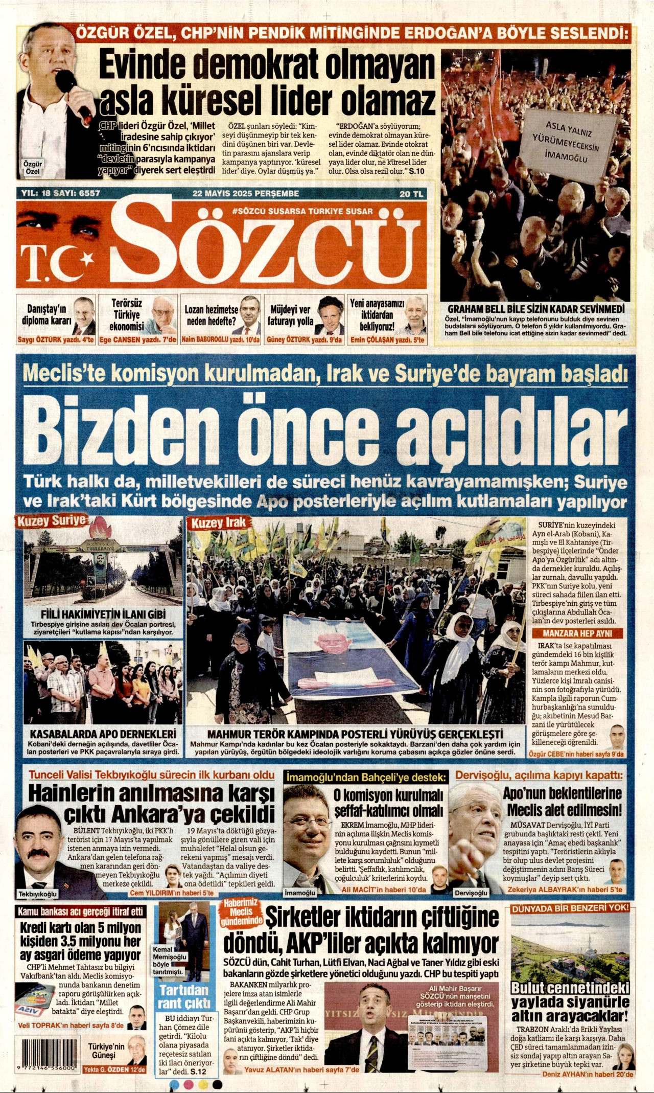 SÖZCÜ gazetesinin 22 Mayıs 2025 tarihli birinci sayfası