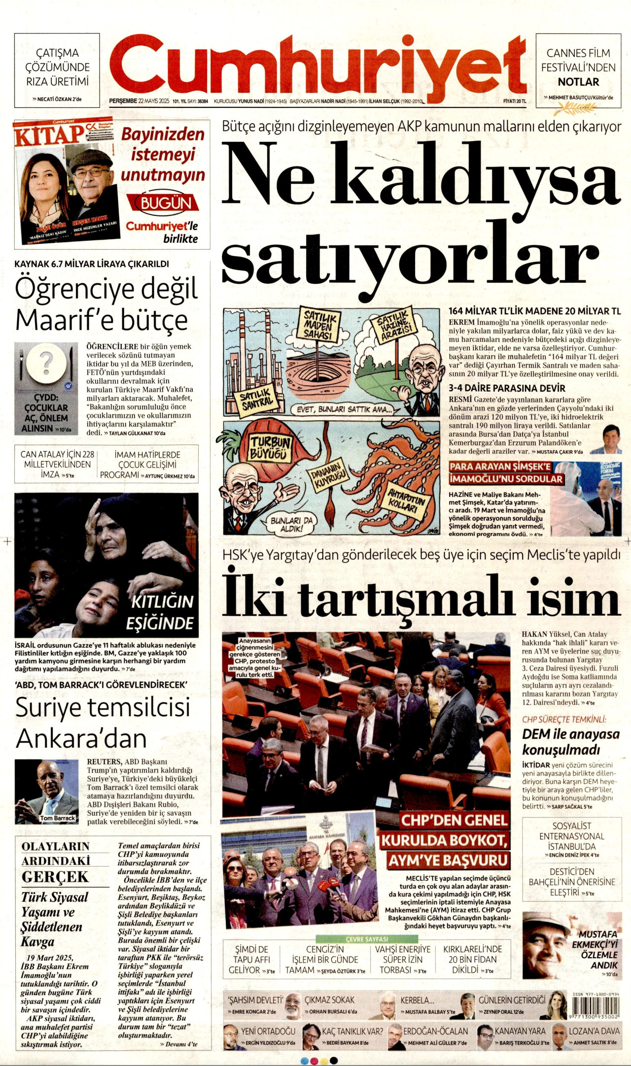 CUMHURİYET gazetesinin 22 Mayıs 2025 tarihli birinci sayfası