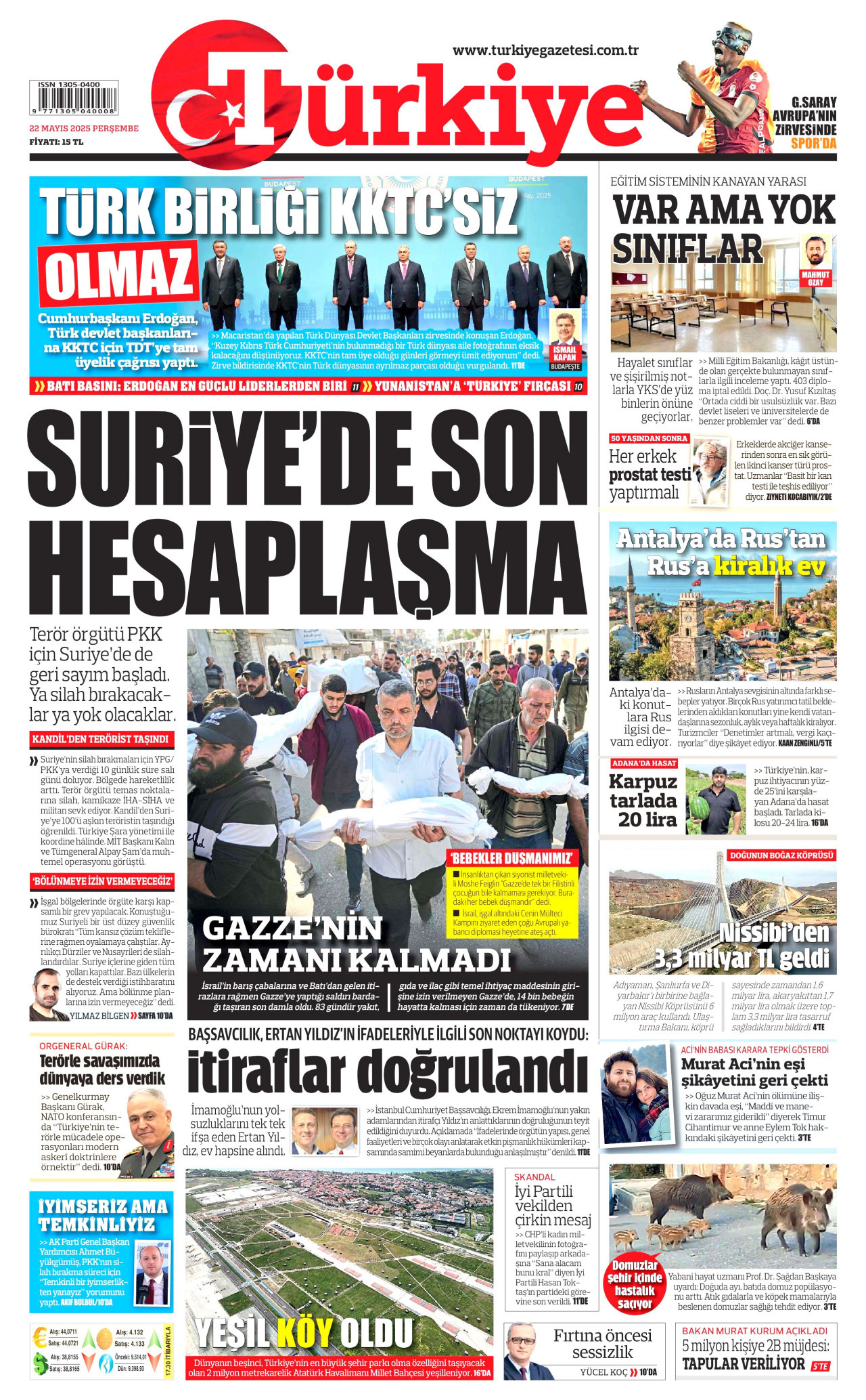 TÜRKİYE GAZETESİ gazetesinin 22 Mayıs 2025 tarihli birinci sayfası