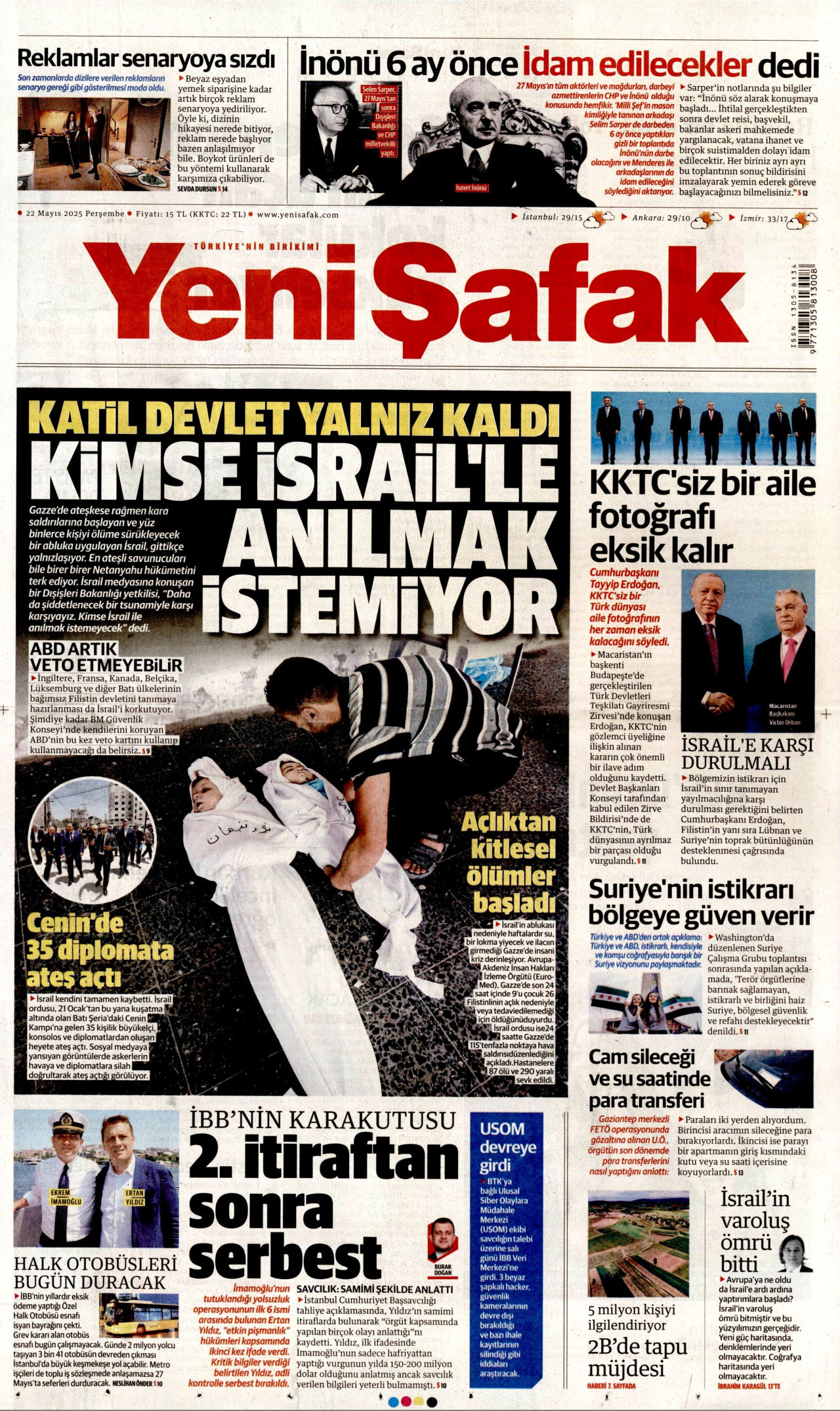 YENİ ŞAFAK gazetesinin 22 Mayıs 2025 tarihli birinci sayfası