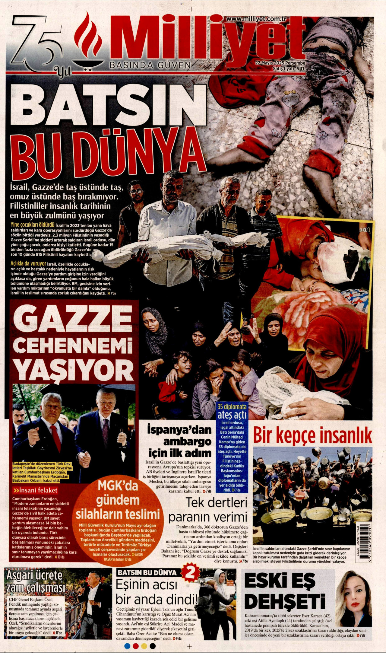 MİLLİYET gazetesinin 22 Mayıs 2025 tarihli birinci sayfası