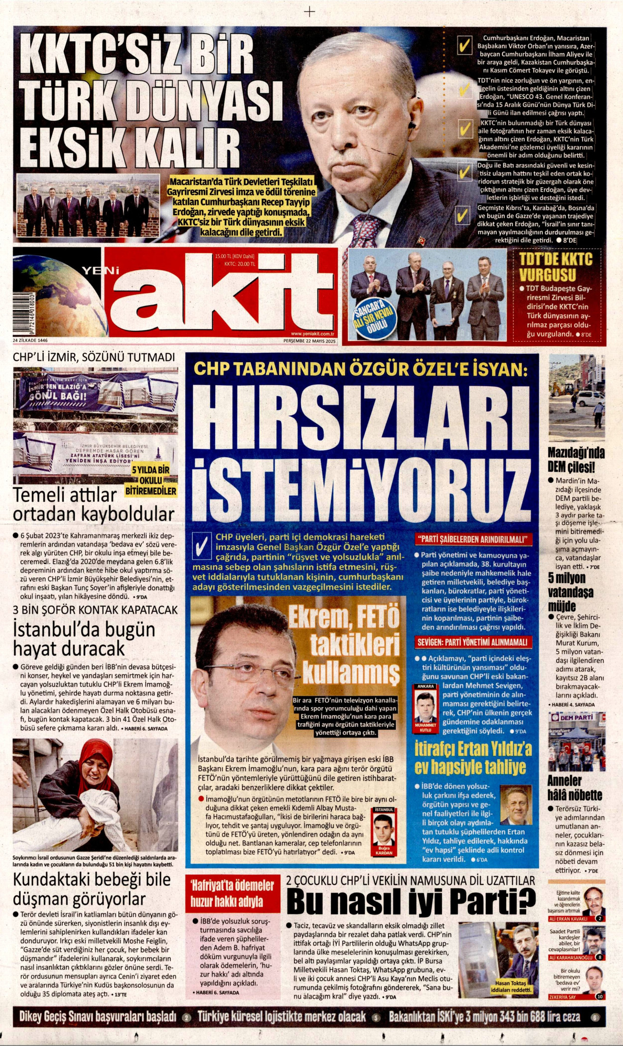YENİ AKİT gazetesinin 22 Mayıs 2025 tarihli birinci sayfası