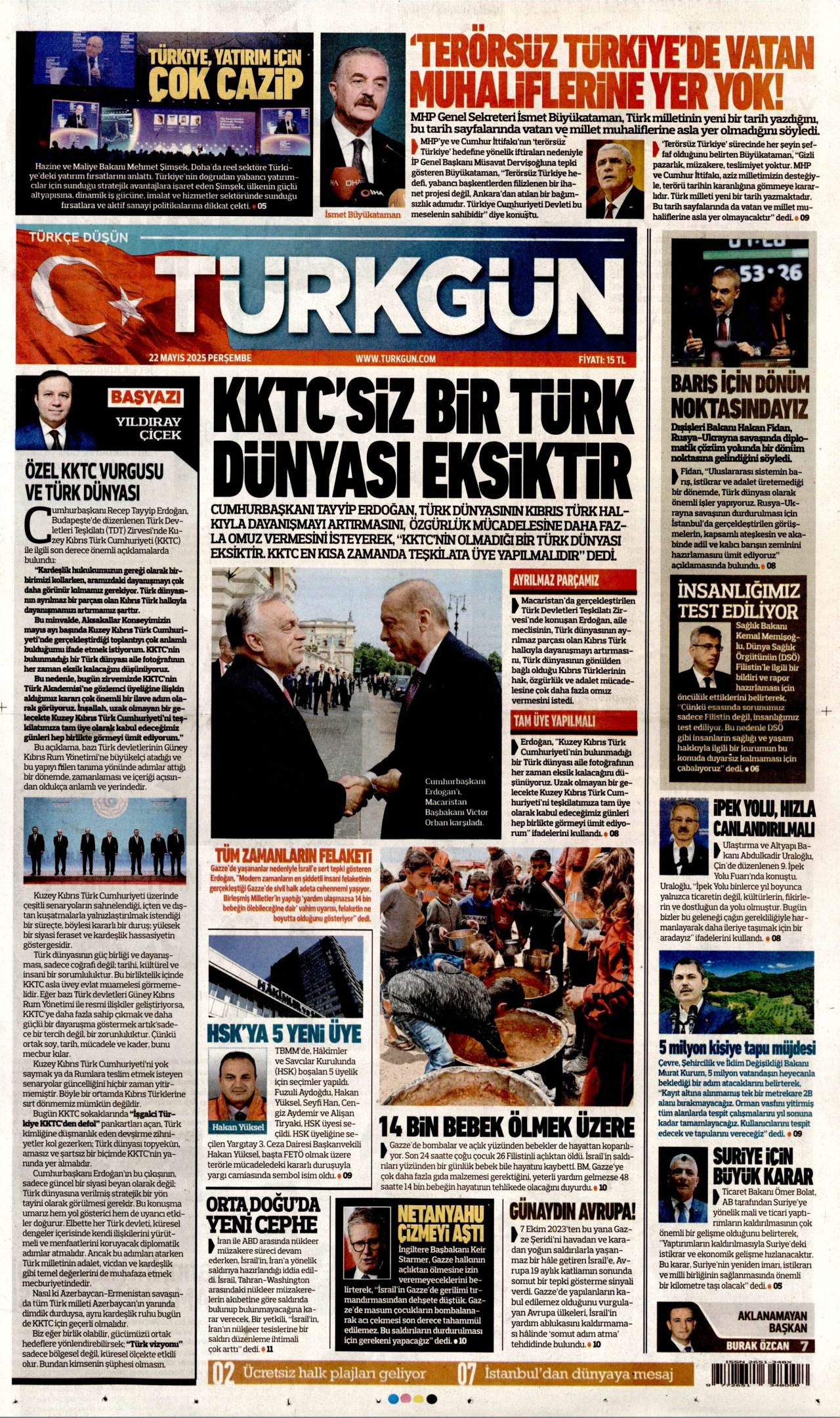 TÜRKGÜN gazetesinin 22 Mayıs 2025 tarihli birinci sayfası