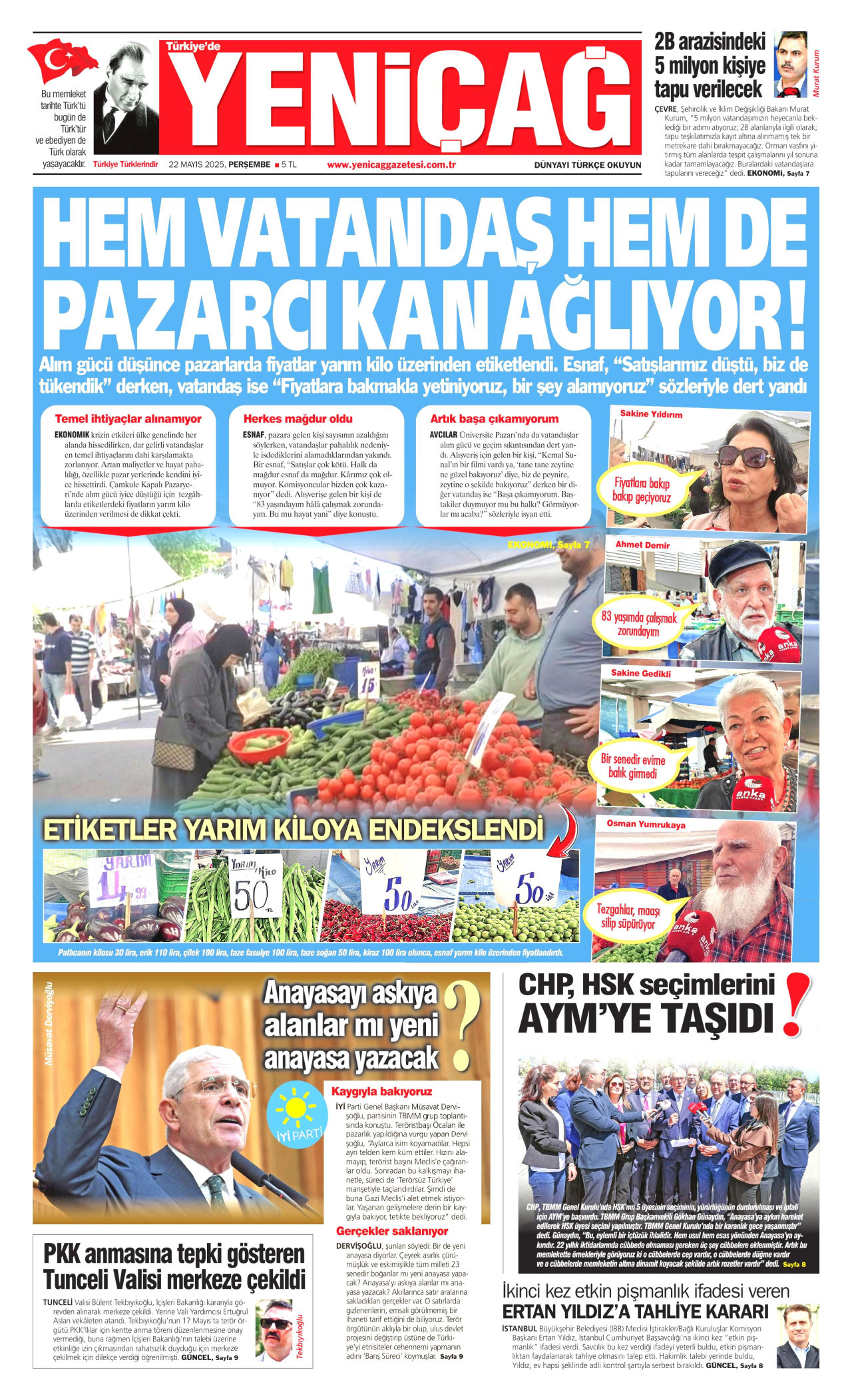 YENİÇAĞ gazetesinin 22 Mayıs 2025 tarihli birinci sayfası