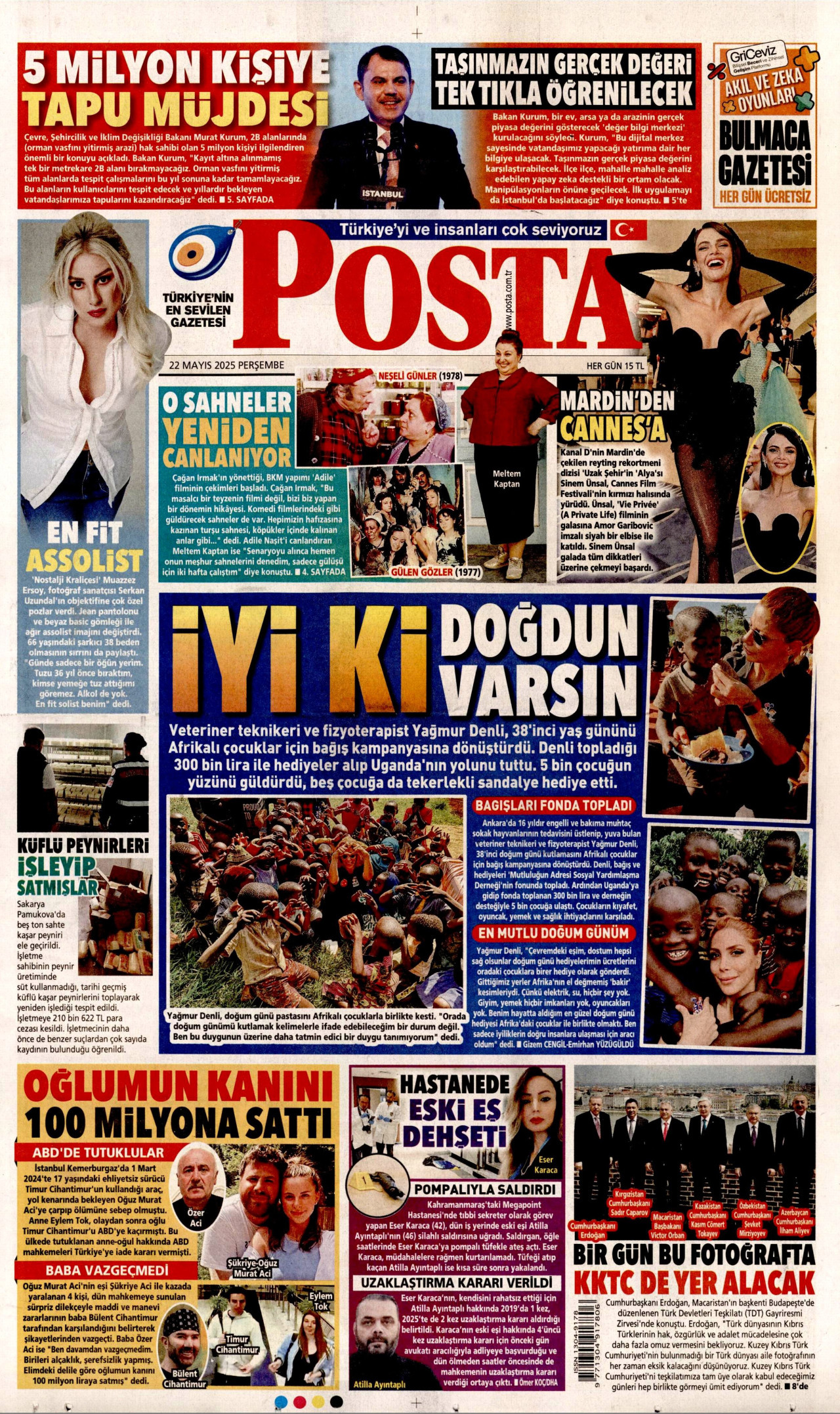 POSTA gazetesinin 22 Mayıs 2025 tarihli birinci sayfası