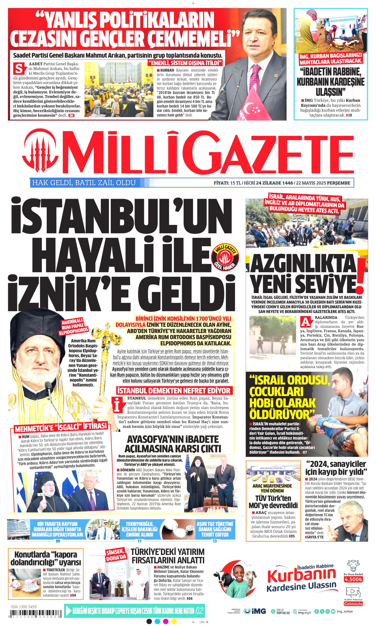 MİLLİ GAZETE gazetesinin 22 Mayıs 2025 tarihli birinci sayfası