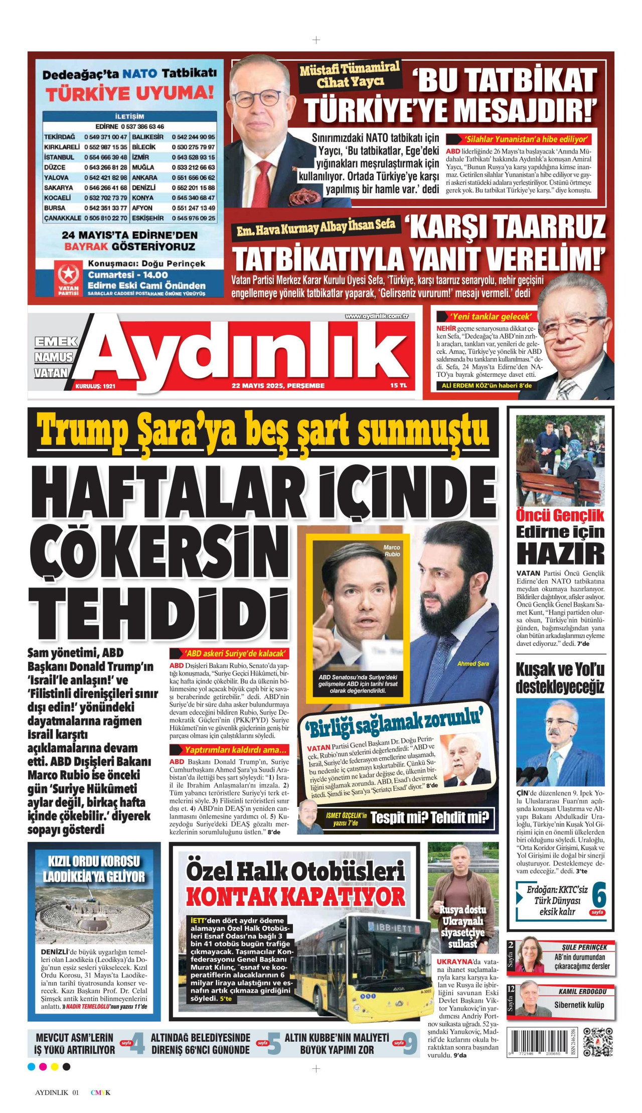 AYDINLIK GAZETESİ gazetesinin 22 Mayıs 2025 tarihli birinci sayfası