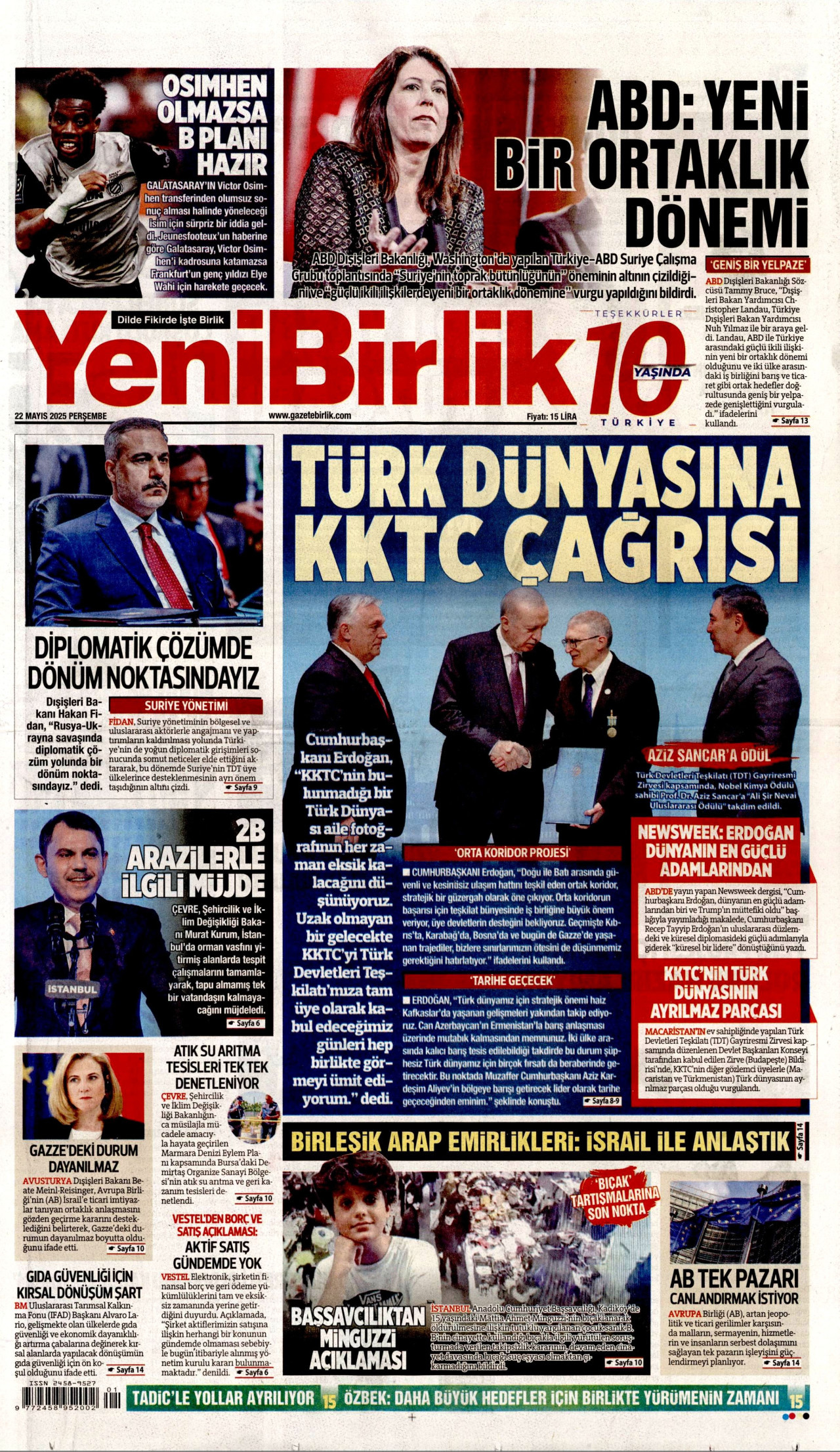 YENİBİRLİK gazetesinin 22 Mayıs 2025 tarihli birinci sayfası