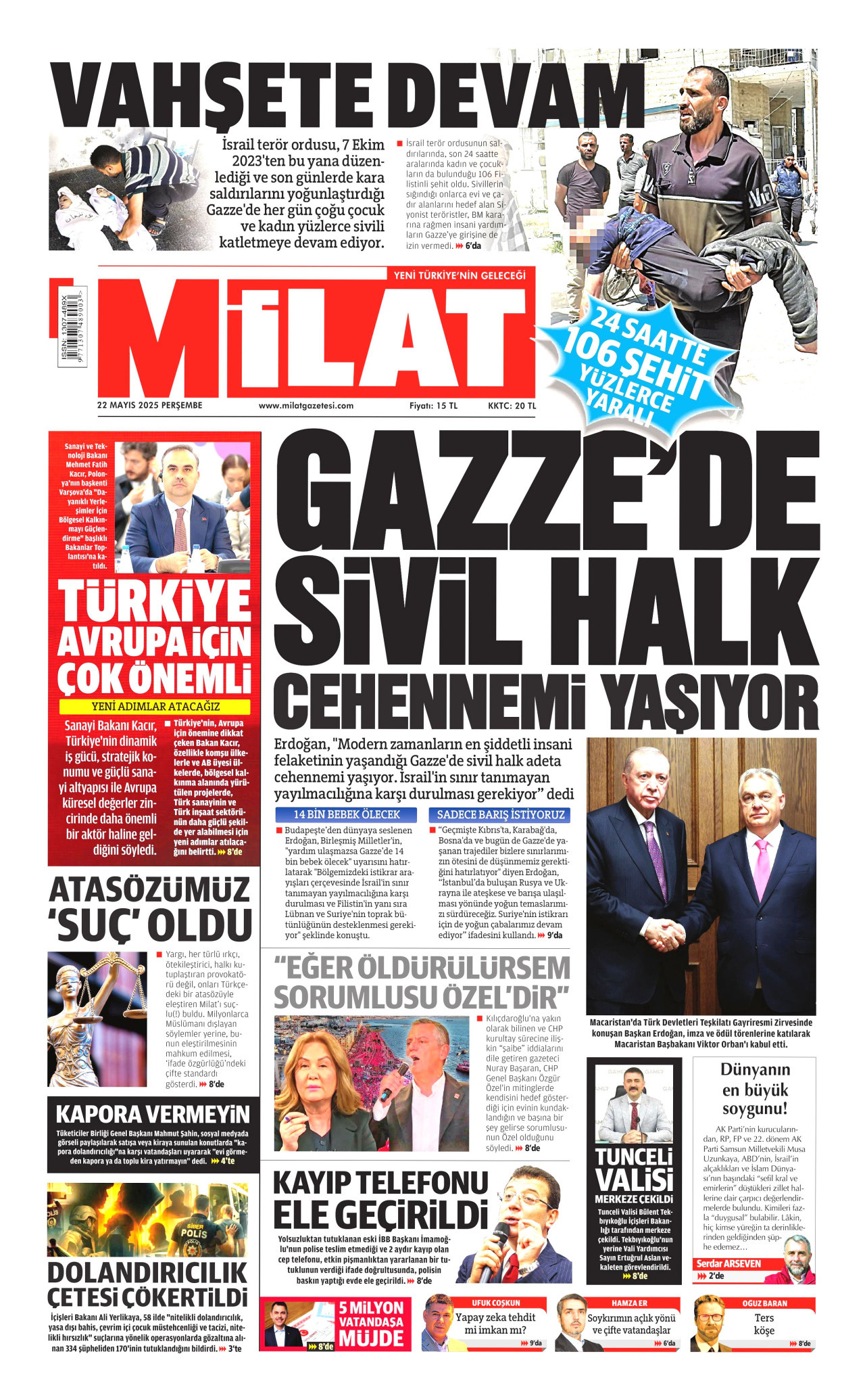 MİLAT gazetesinin 22 Mayıs 2025 tarihli birinci sayfası