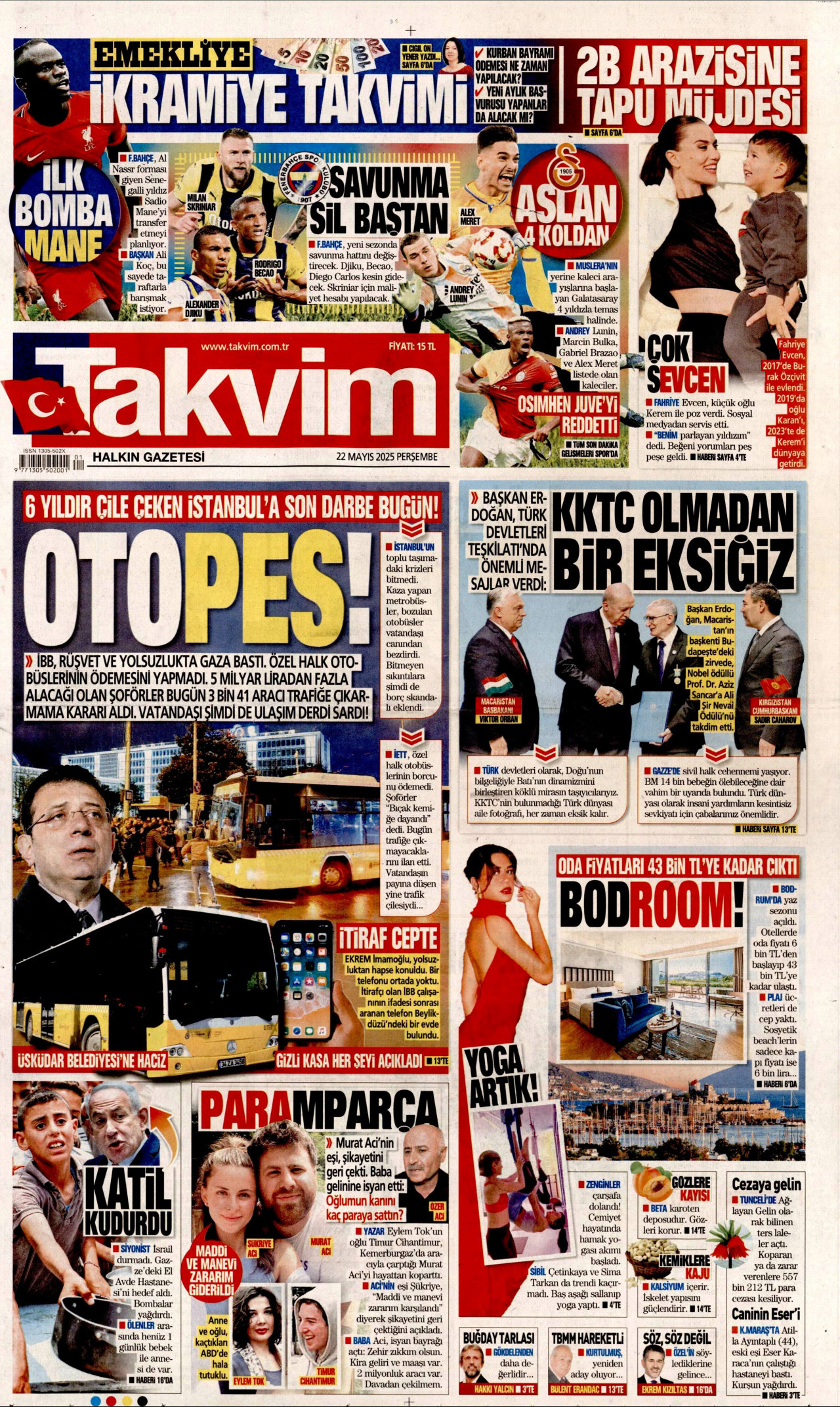 TAKVİM gazetesinin 22 Mayıs 2025 tarihli birinci sayfası