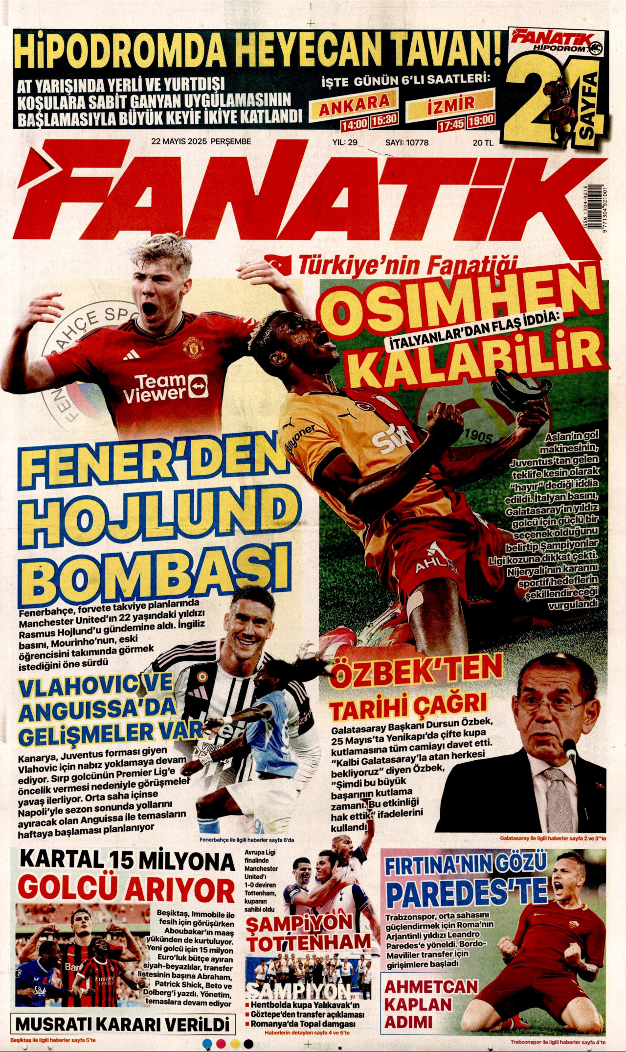 FANATİK gazetesinin 22 Mayıs 2025 tarihli birinci sayfası