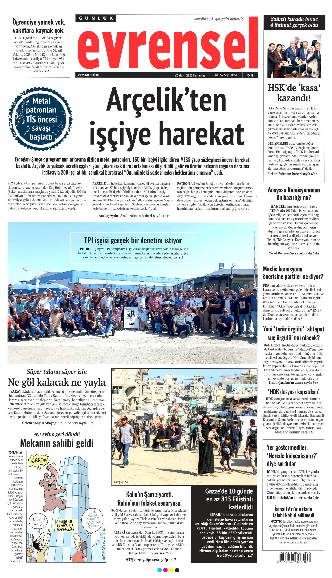 EVRENSEL gazetesinin 22 Mayıs 2025 tarihli birinci sayfası