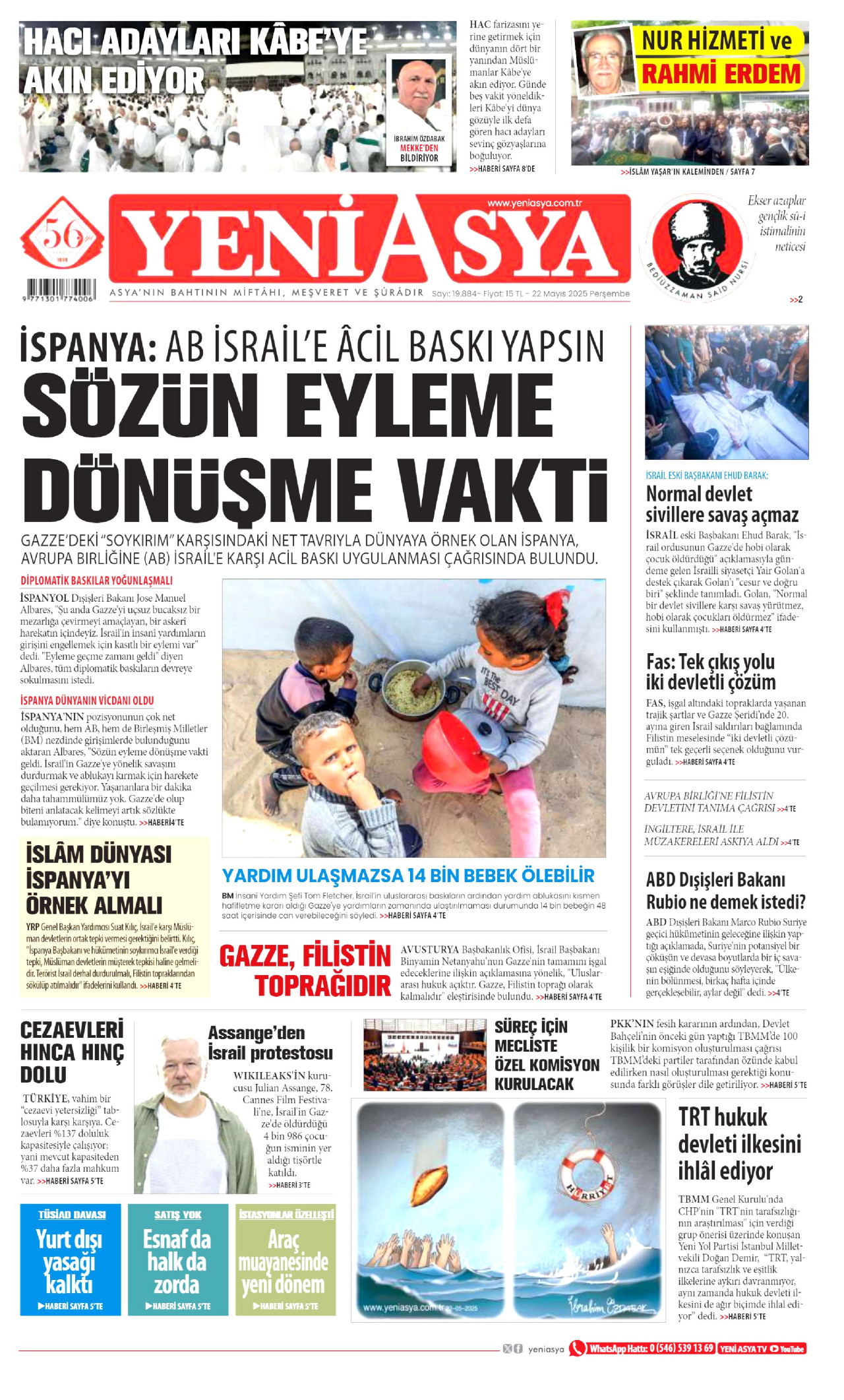 YENİ ASYA gazetesinin 22 Mayıs 2025 tarihli birinci sayfası