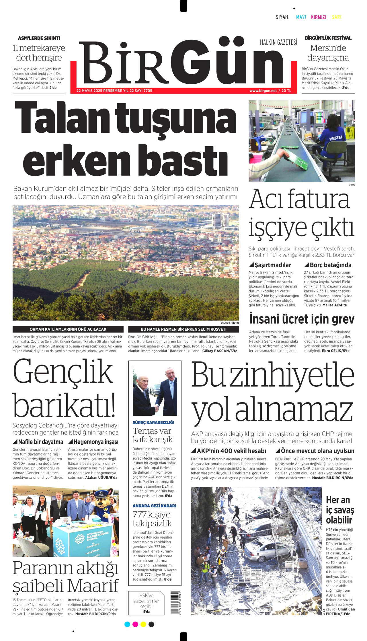 BİRGÜN gazetesinin 22 Mayıs 2025 tarihli birinci sayfası