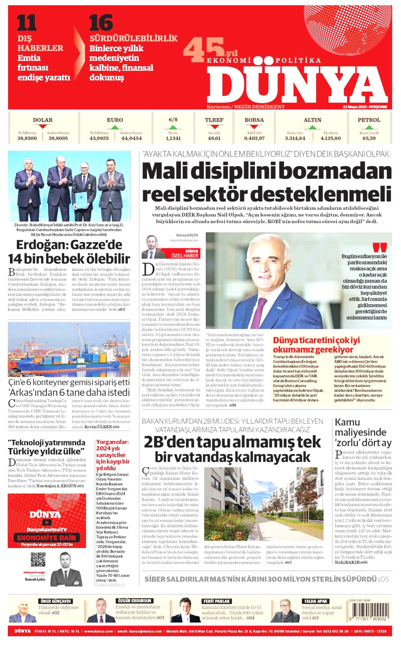 DÜNYA gazetesinin 22 Mayıs 2025 tarihli birinci sayfası