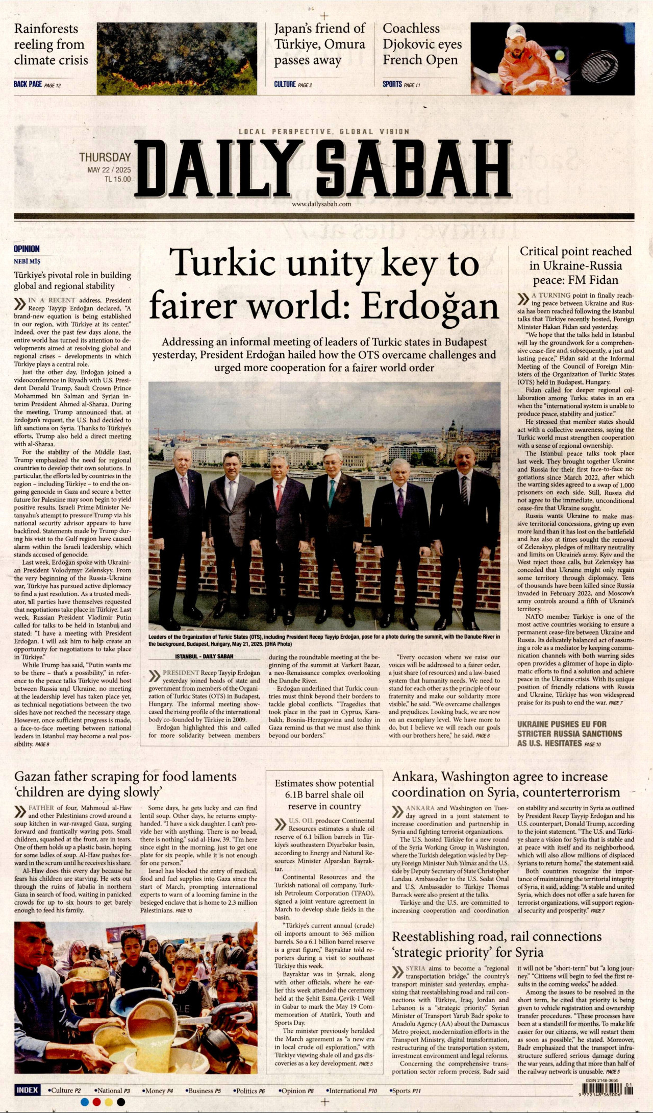 DAİLY SABAH gazetesinin 22 Mayıs 2025 tarihli birinci sayfası