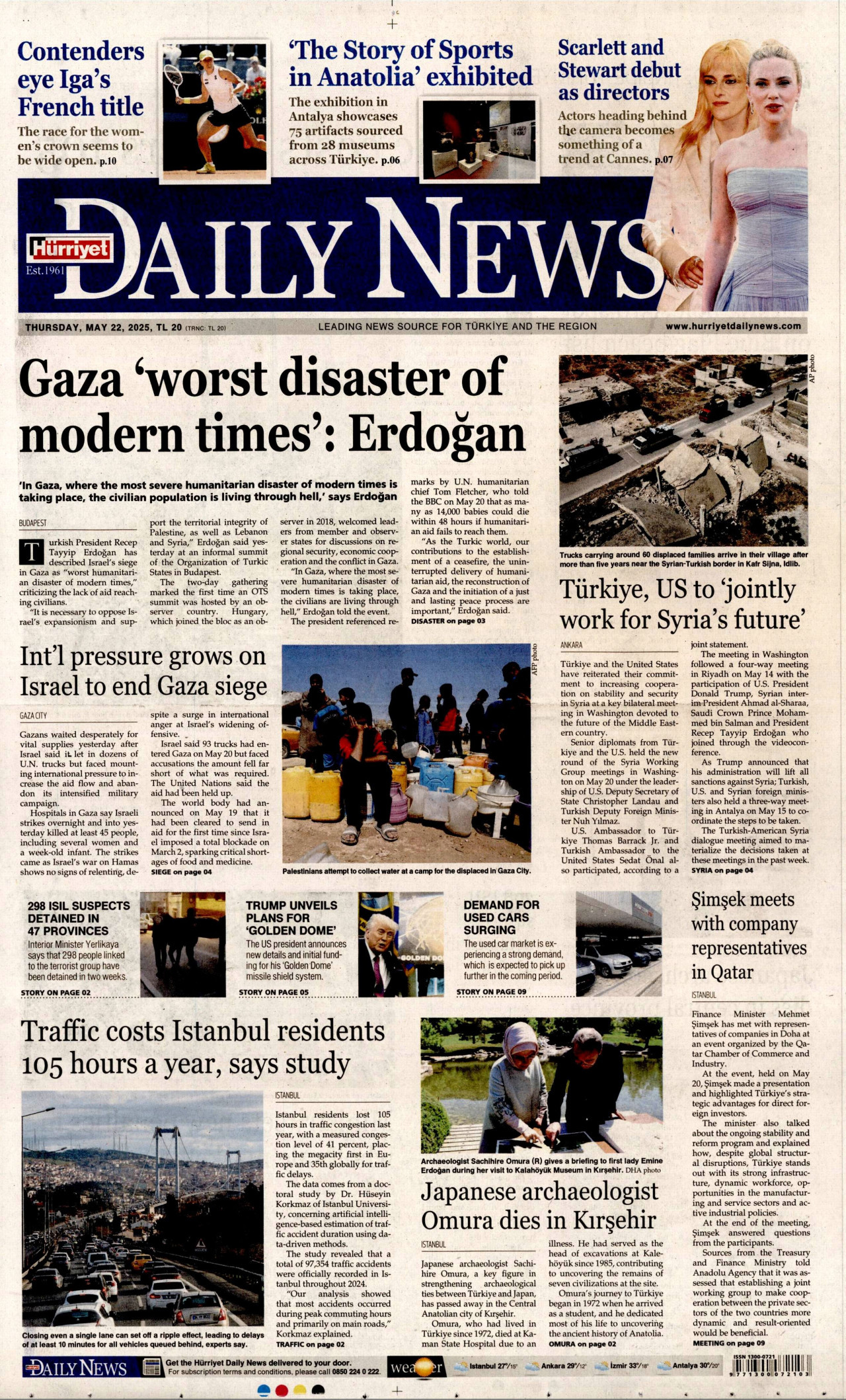 HÜRRİYET DAİLY NEWS gazetesinin 22 Mayıs 2025 tarihli birinci sayfası
