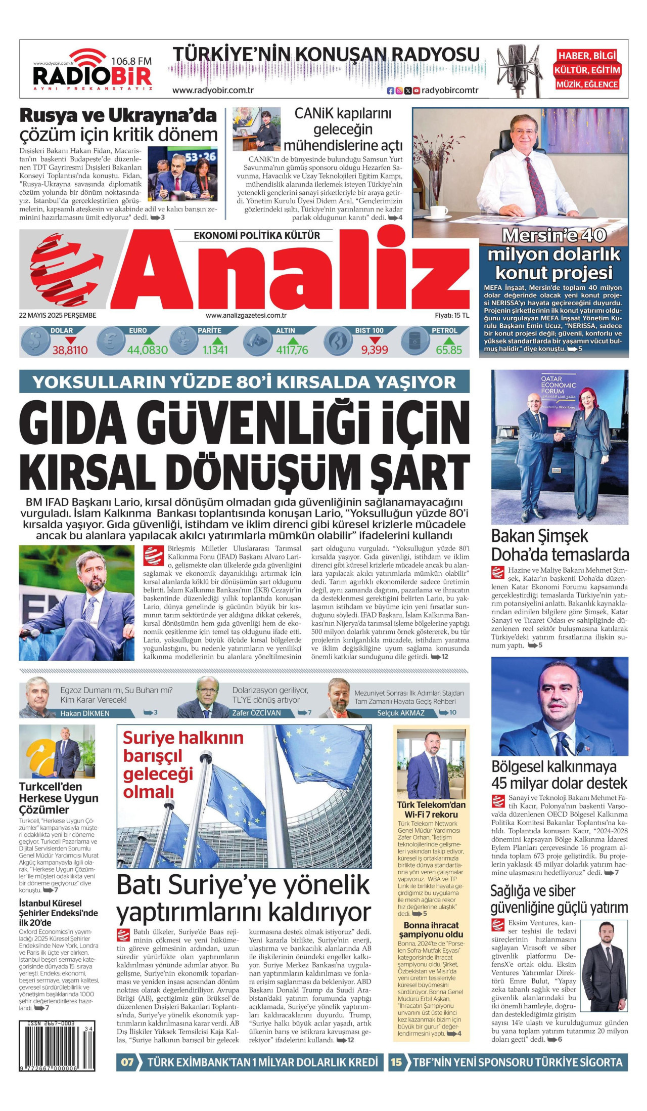 ANALİZ gazetesinin 22 Mayıs 2025 tarihli birinci sayfası
