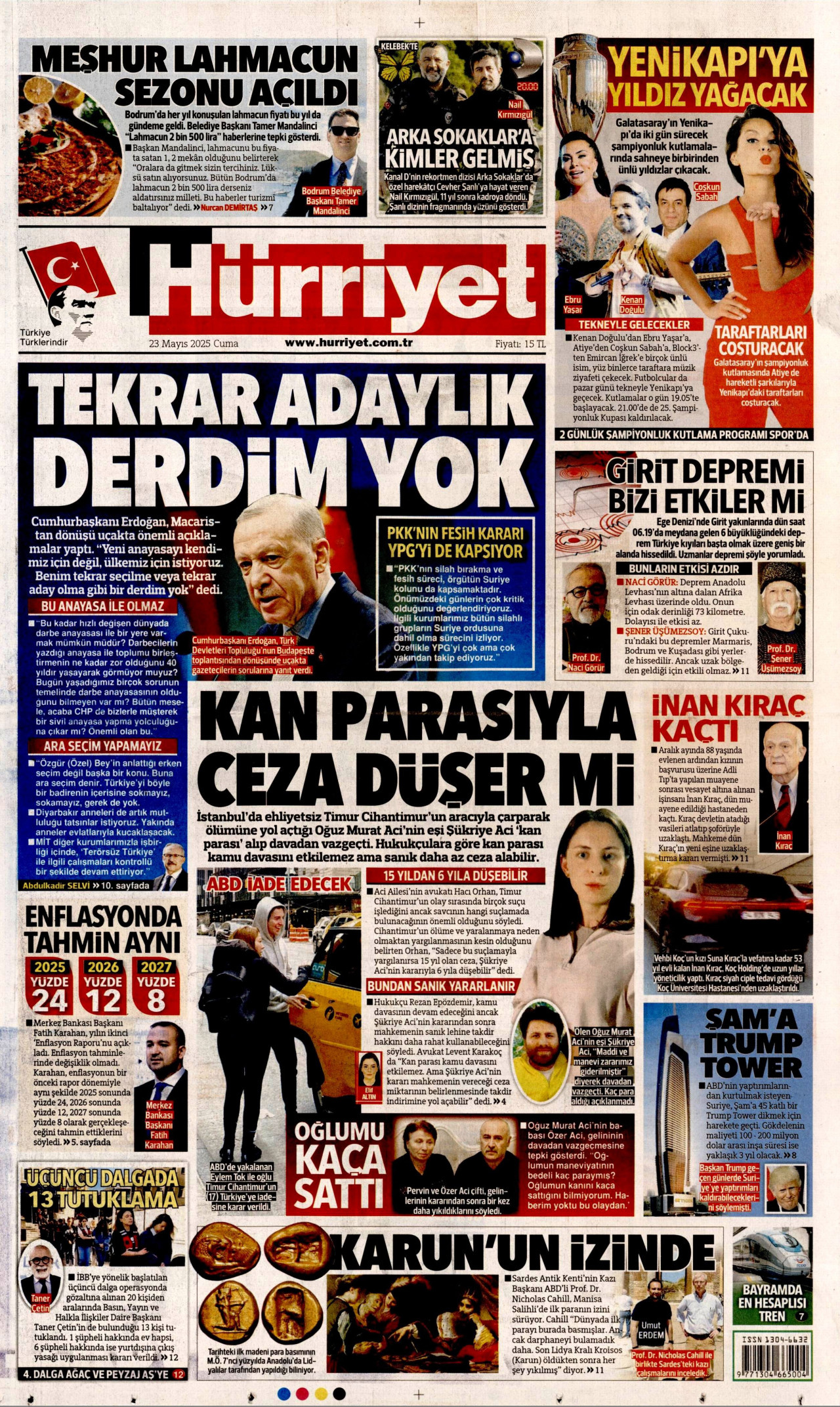 HÜRRİYET gazetesinin 23 Mayıs 2025 tarihli birinci sayfası