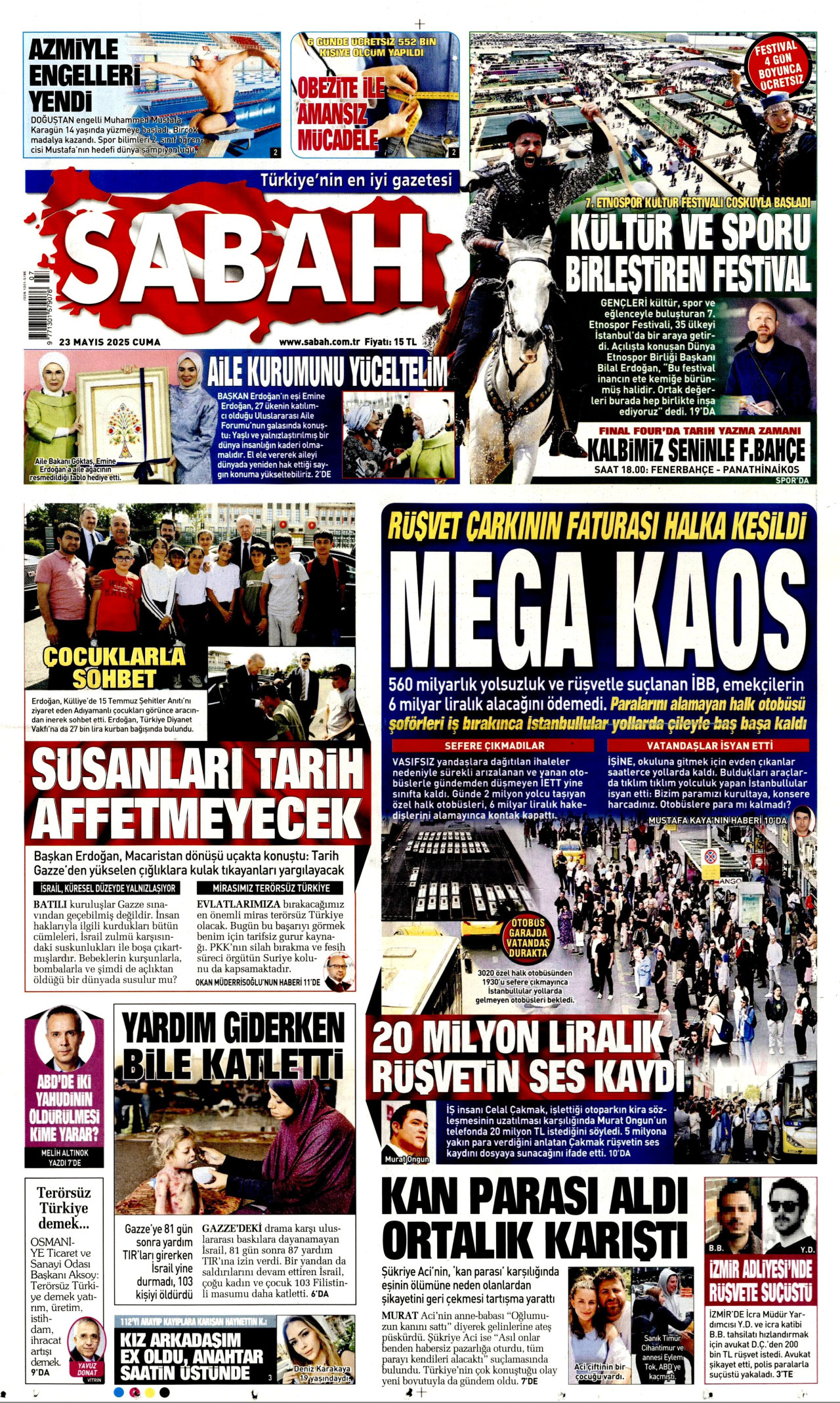 SABAH gazetesinin 23 Mayıs 2025 tarihli birinci sayfası