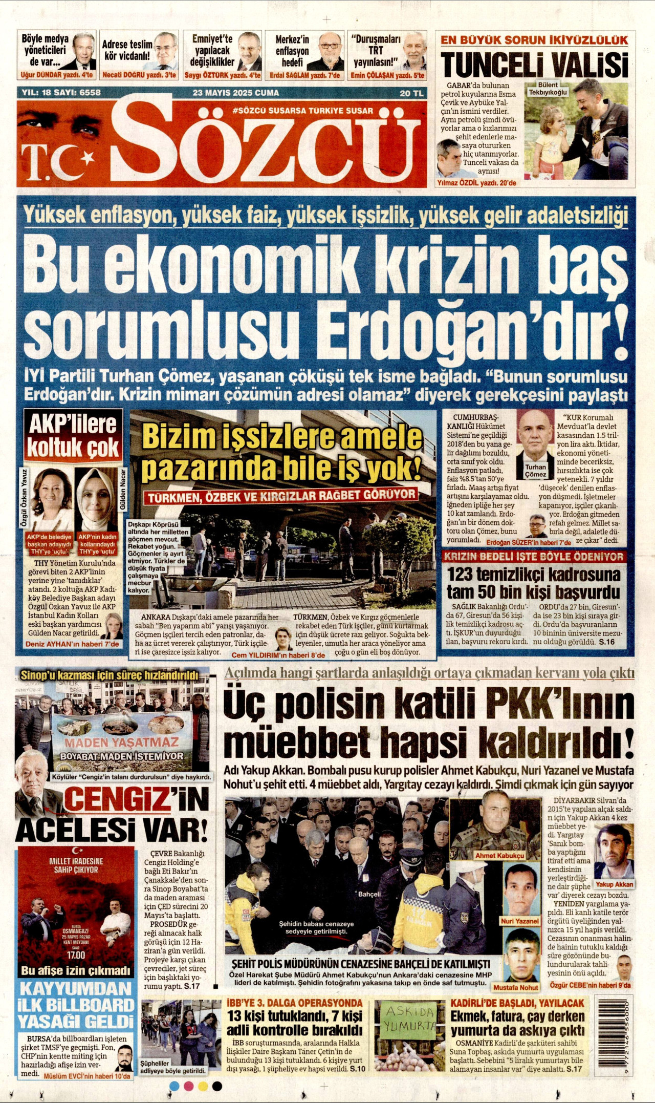 SÖZCÜ gazetesinin 23 Mayıs 2025 tarihli birinci sayfası