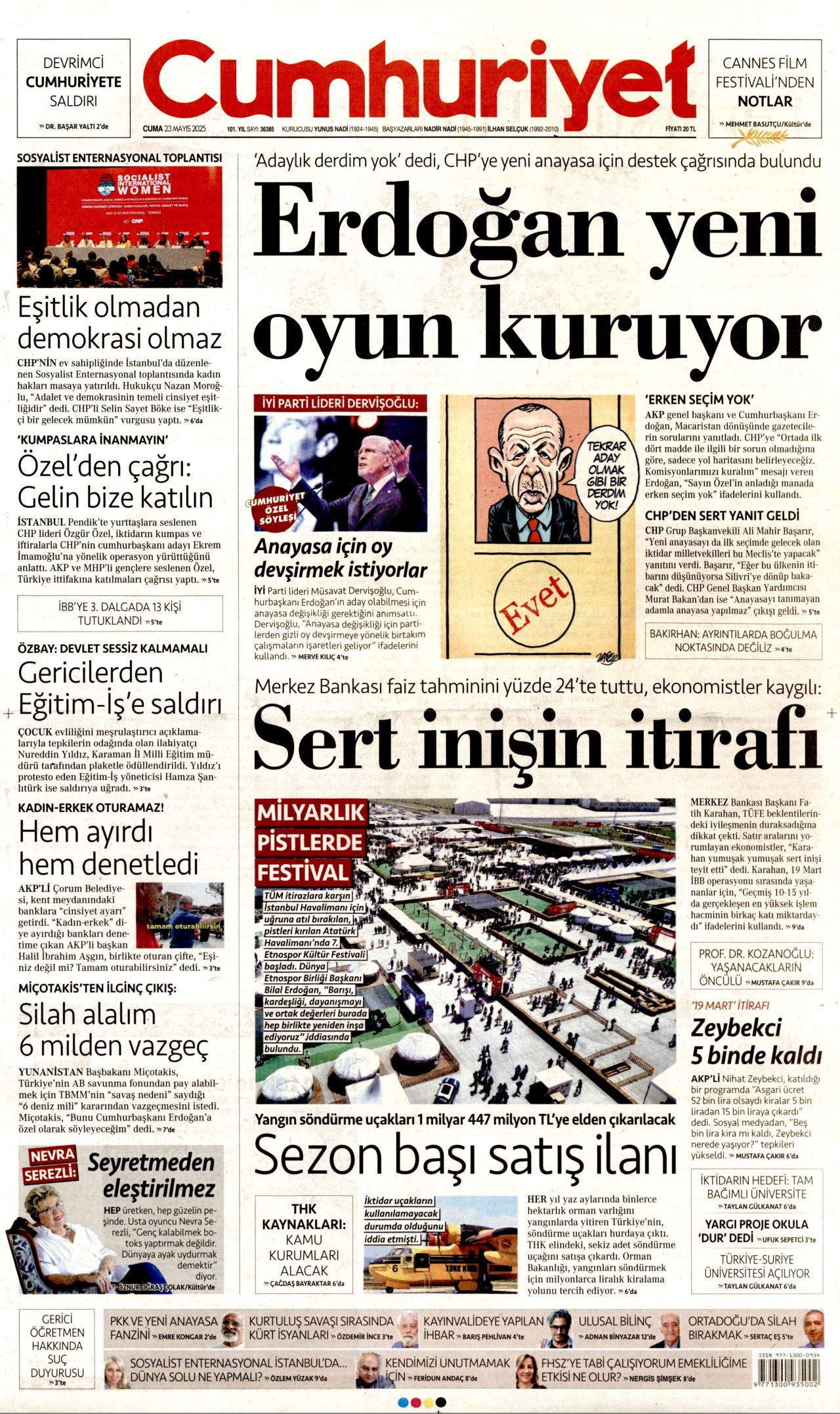 CUMHURİYET gazetesinin 23 Mayıs 2025 tarihli birinci sayfası