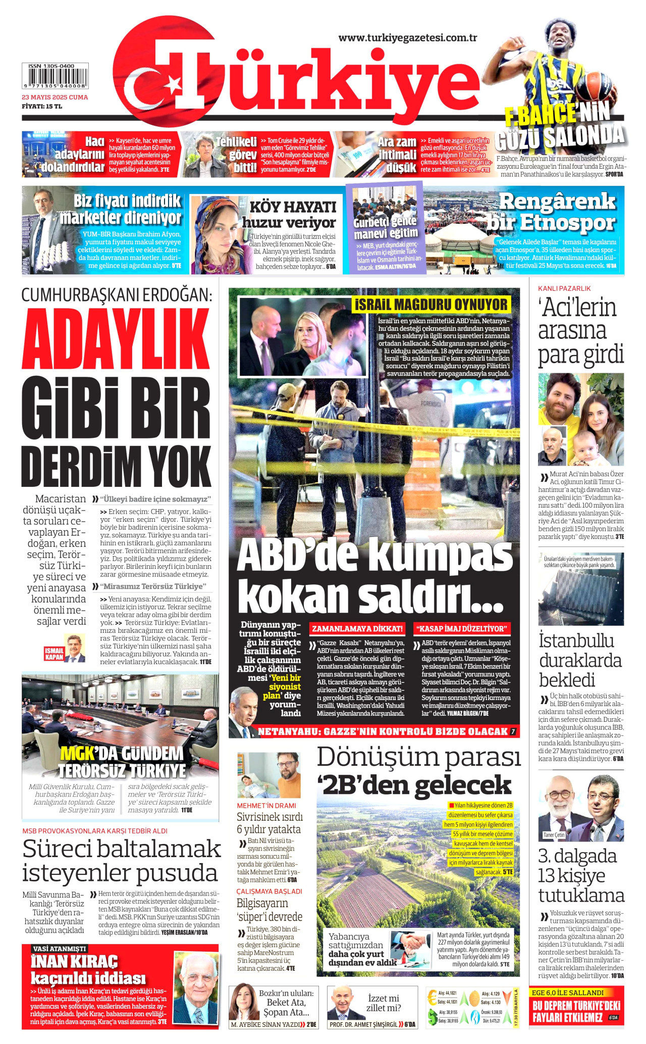 TÜRKİYE GAZETESİ gazetesinin 23 Mayıs 2025 tarihli birinci sayfası