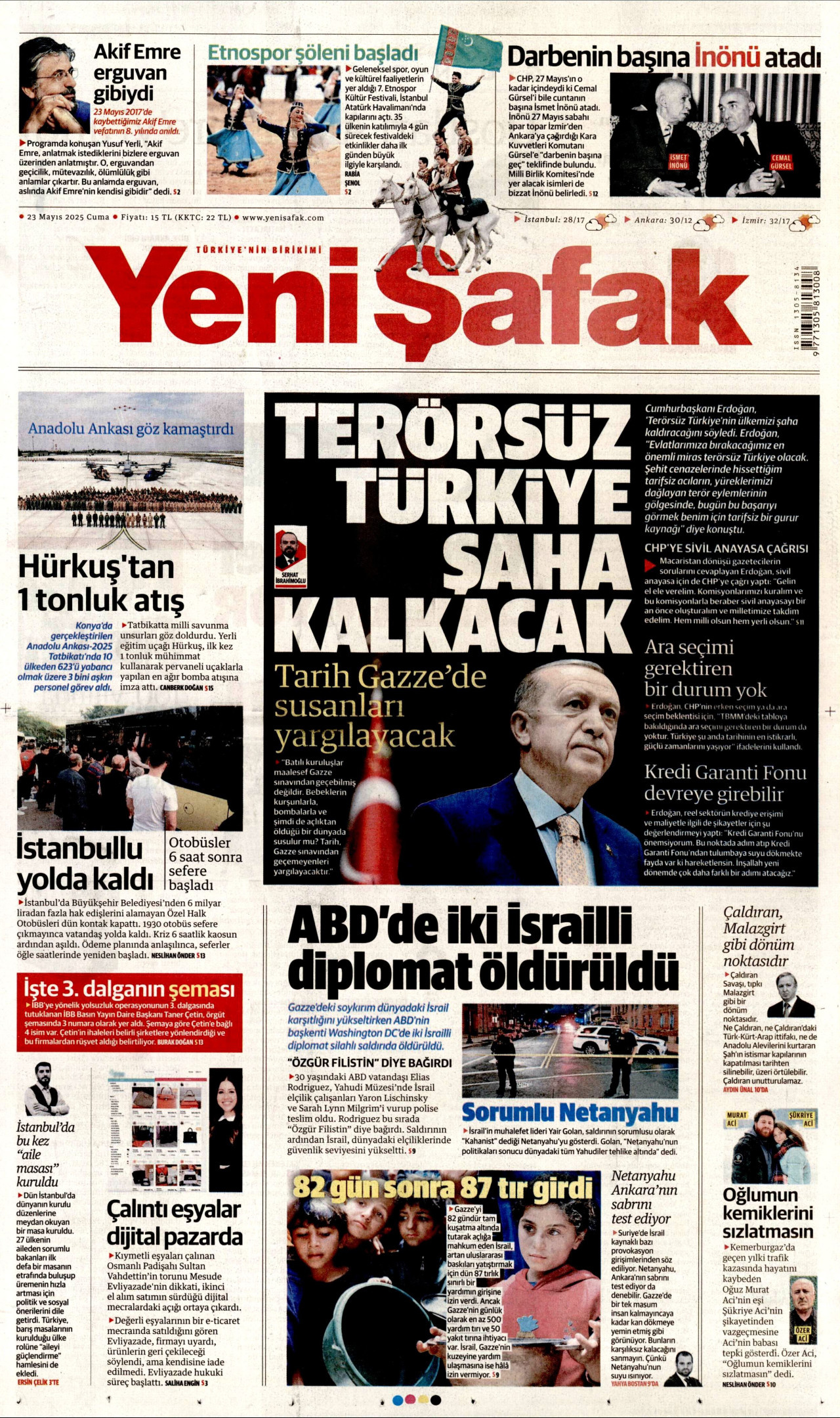 YENİ ŞAFAK gazetesinin 23 Mayıs 2025 tarihli birinci sayfası