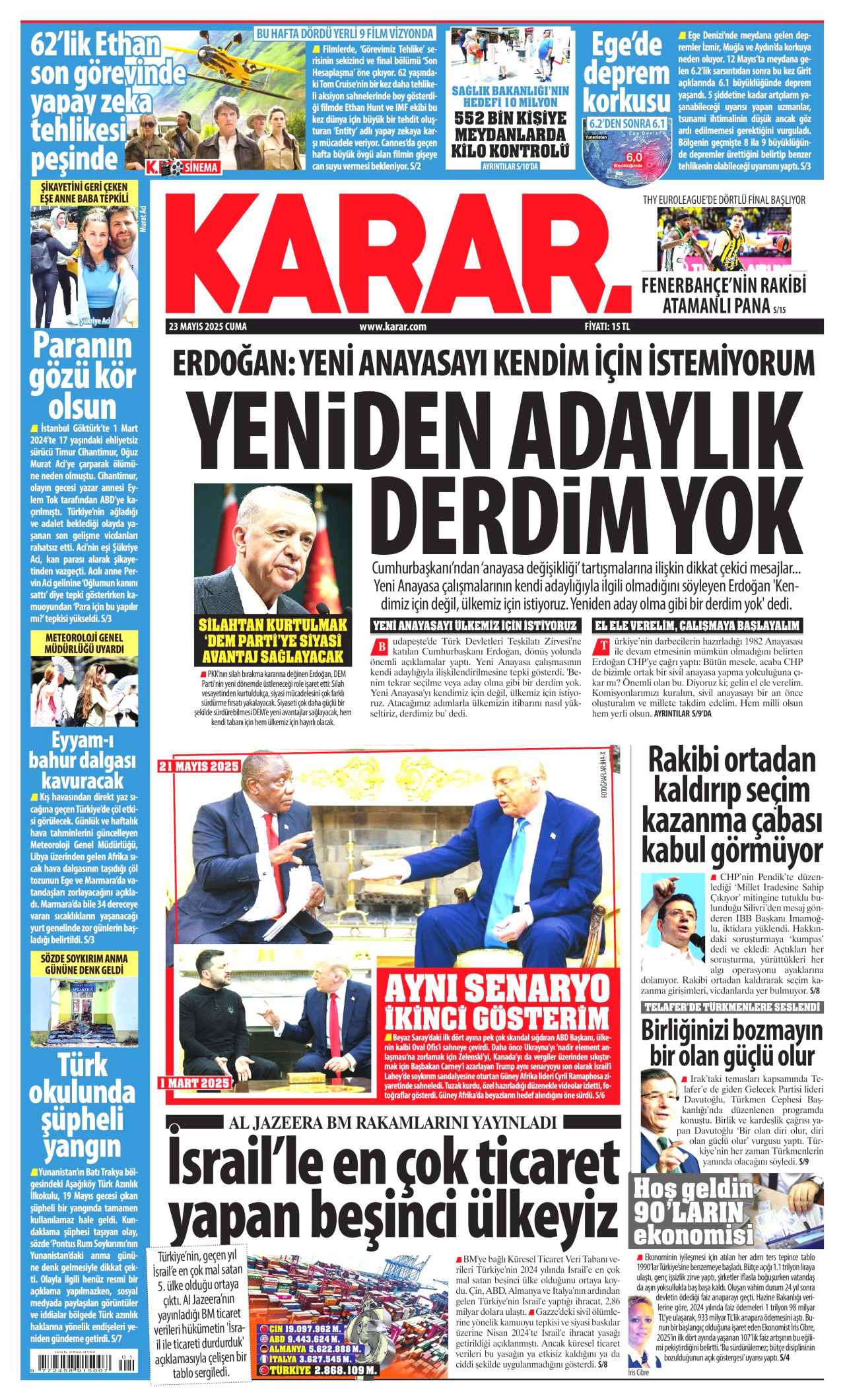 KARAR gazetesinin 23 Mayıs 2025 tarihli birinci sayfası