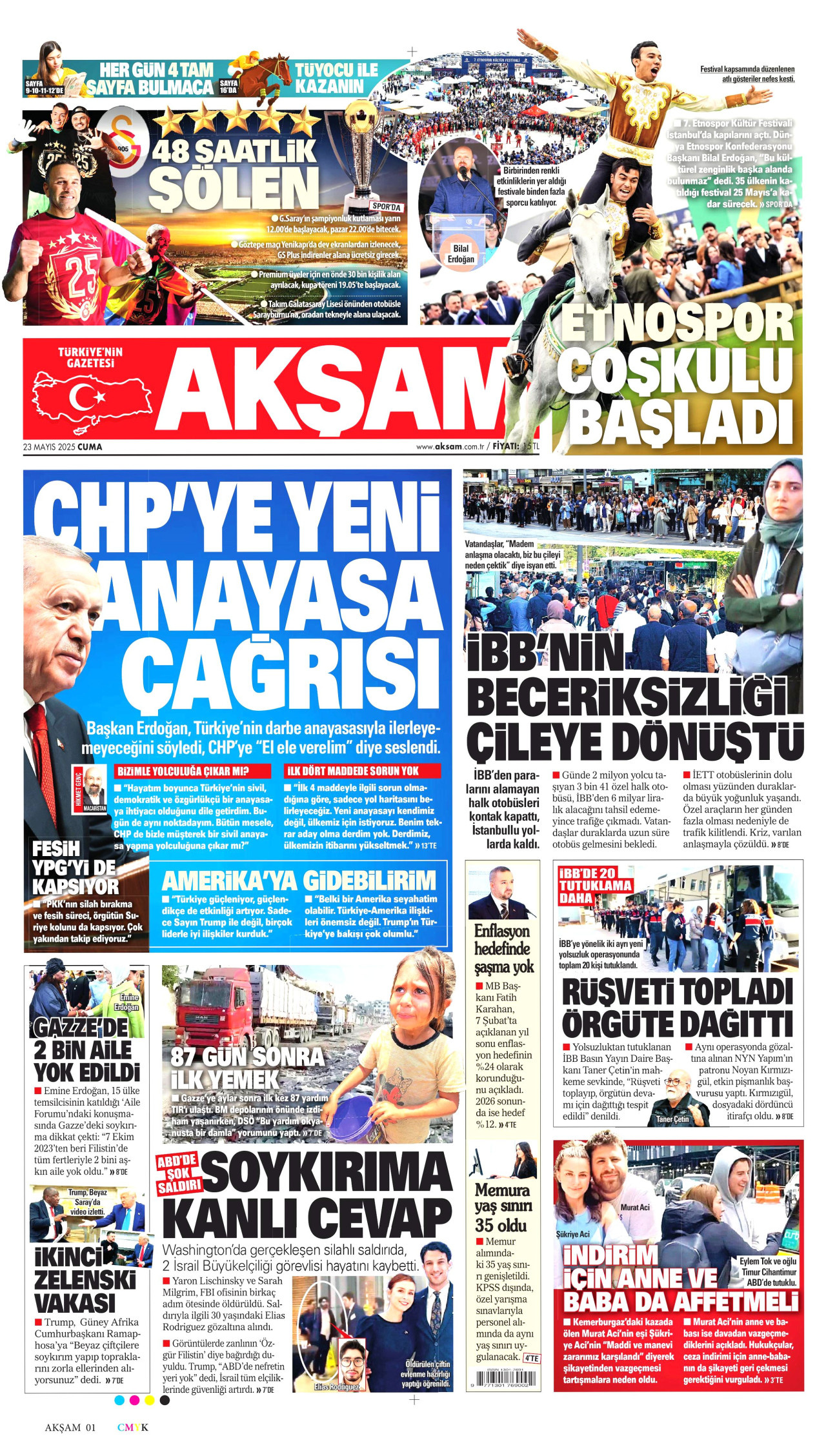 AKŞAM gazetesinin 23 Mayıs 2025 tarihli birinci sayfası
