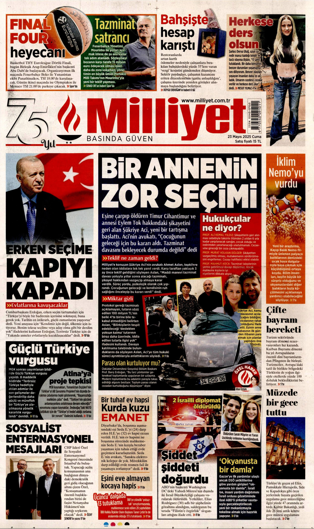 MİLLİYET gazetesinin 23 Mayıs 2025 tarihli birinci sayfası