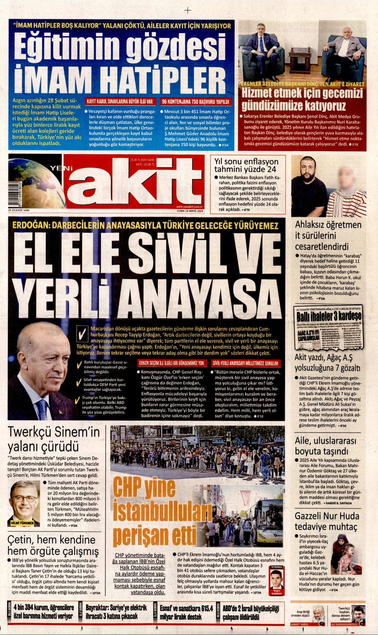 YENİ AKİT gazetesinin 23 Mayıs 2025 tarihli birinci sayfası