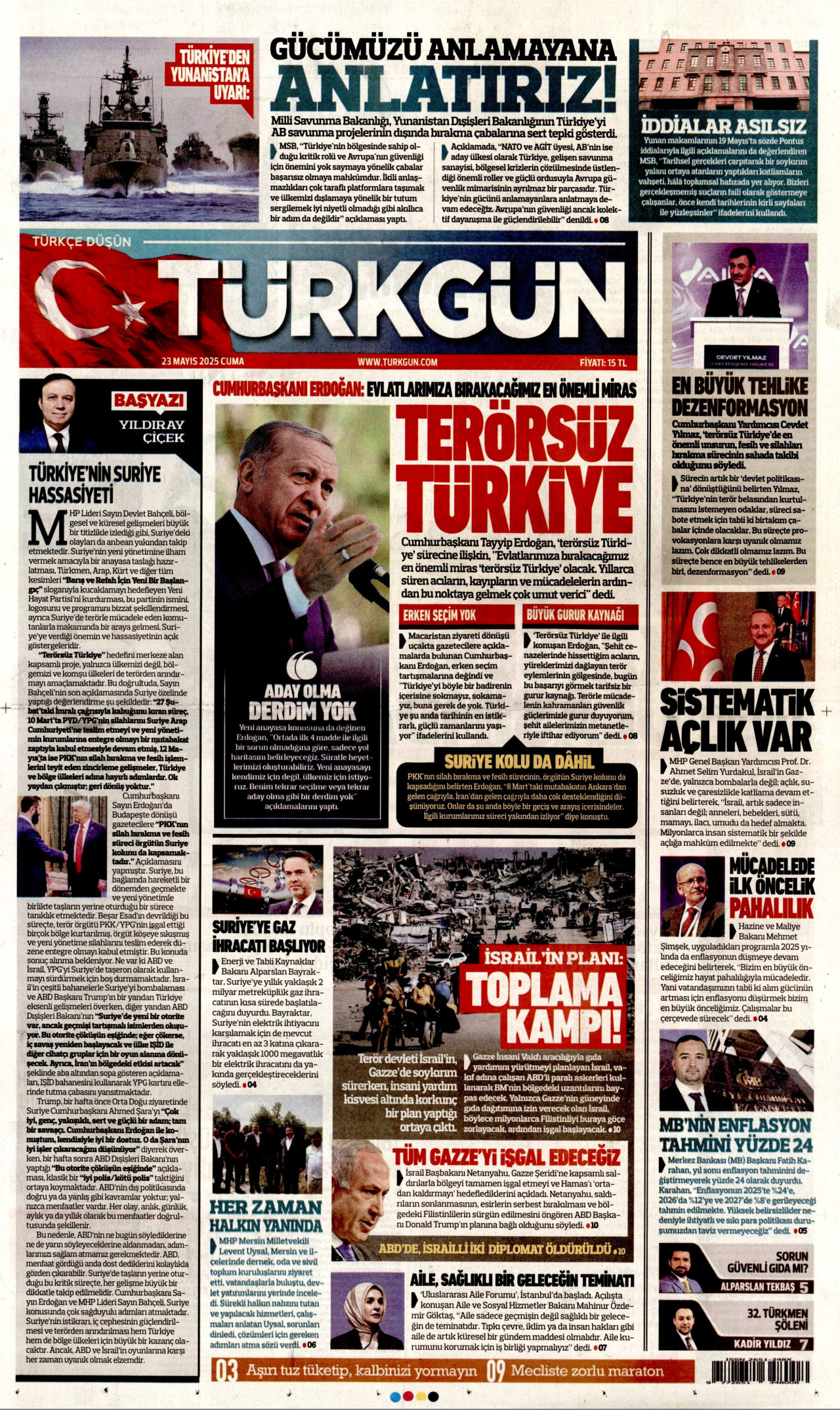 TÜRKGÜN gazetesinin 23 Mayıs 2025 tarihli birinci sayfası