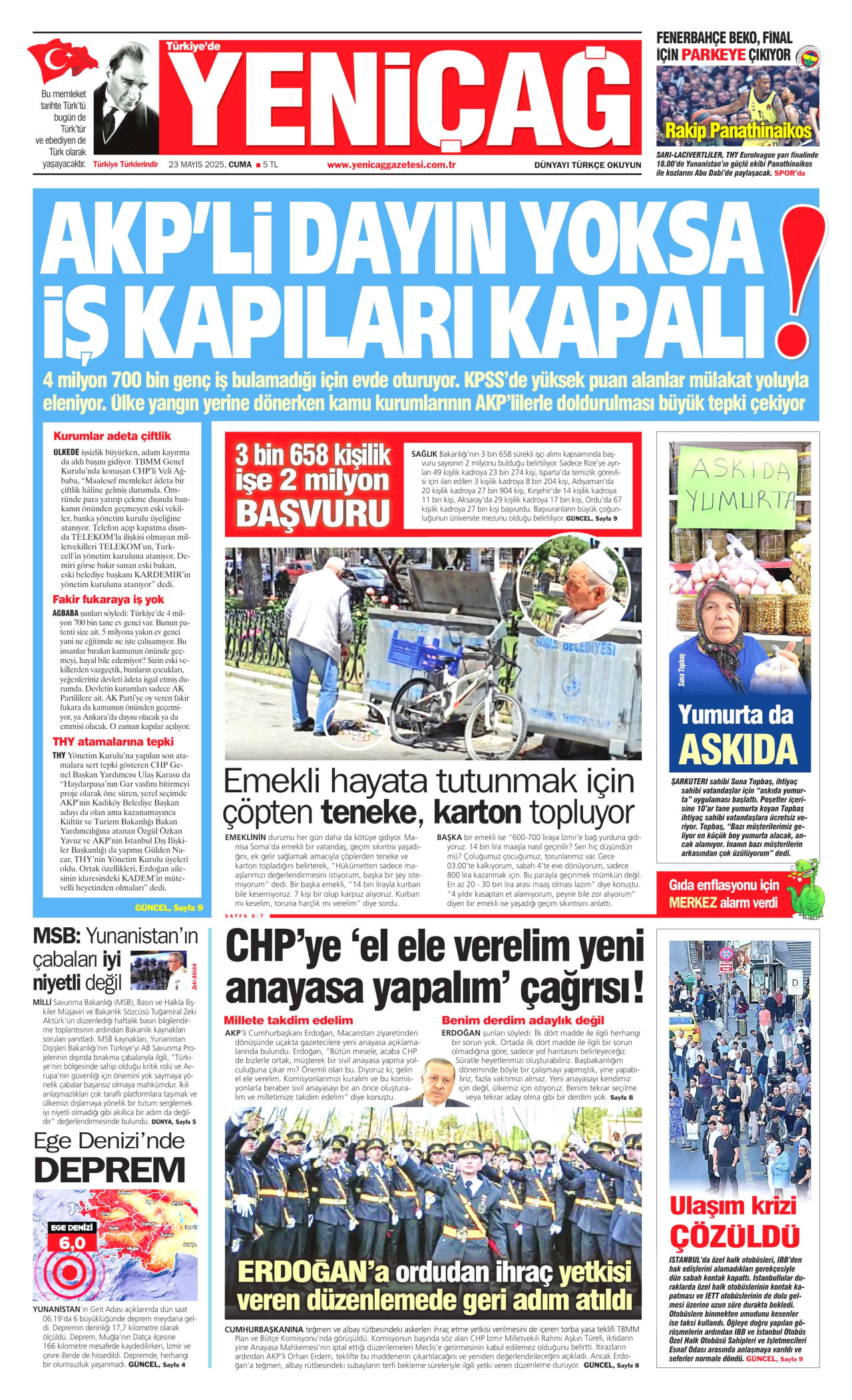 YENİÇAĞ gazetesinin 23 Mayıs 2025 tarihli birinci sayfası