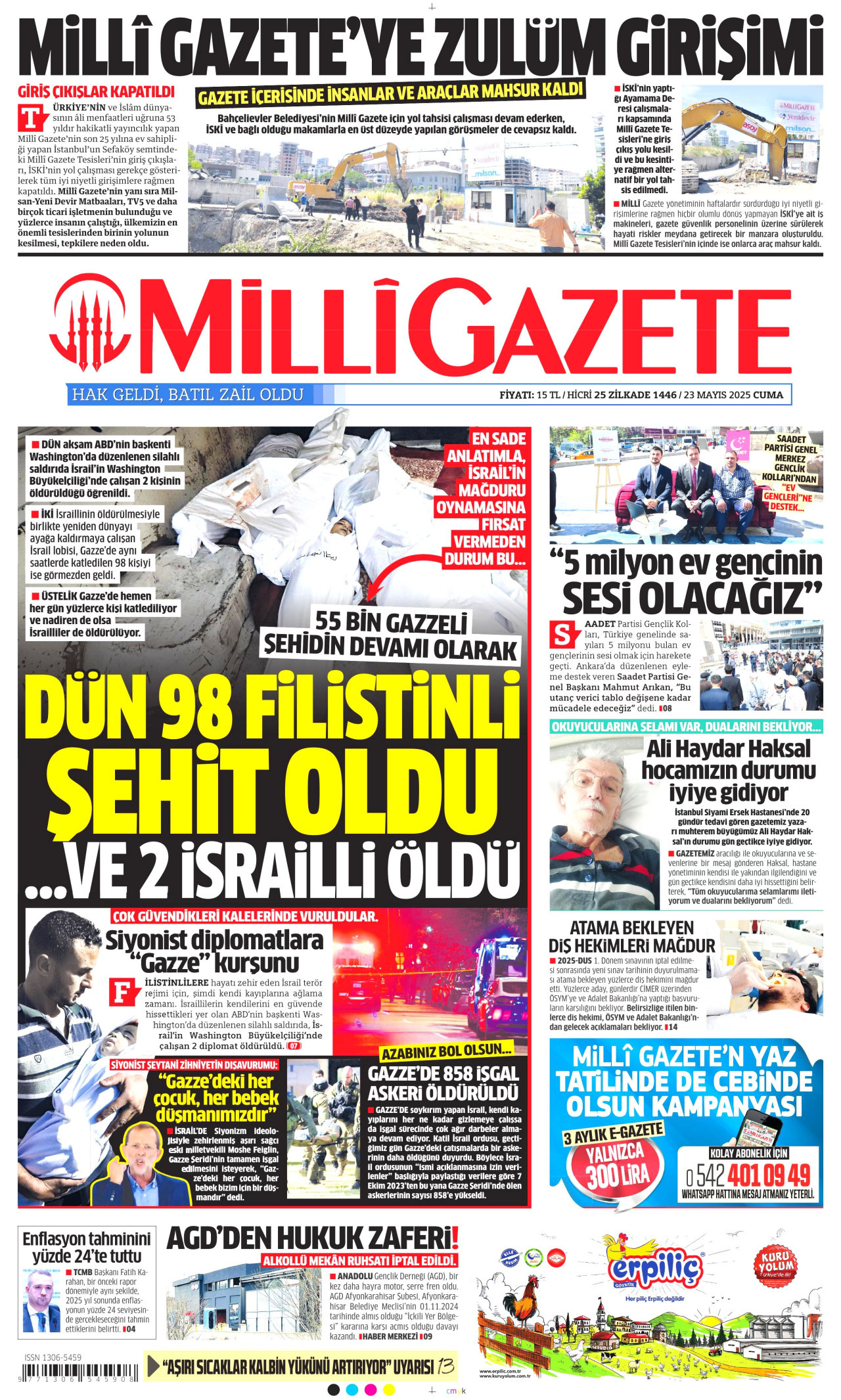 MİLLİ GAZETE gazetesinin 23 Mayıs 2025 tarihli birinci sayfası