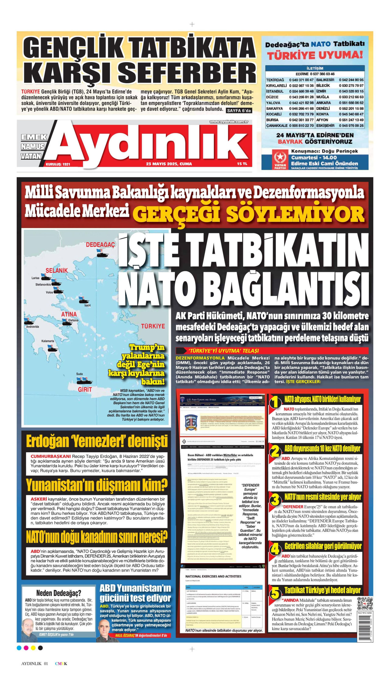 AYDINLIK GAZETESİ gazetesinin 23 Mayıs 2025 tarihli birinci sayfası
